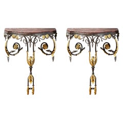 Pair of Wrought Iron and Marble Wall Consoles
