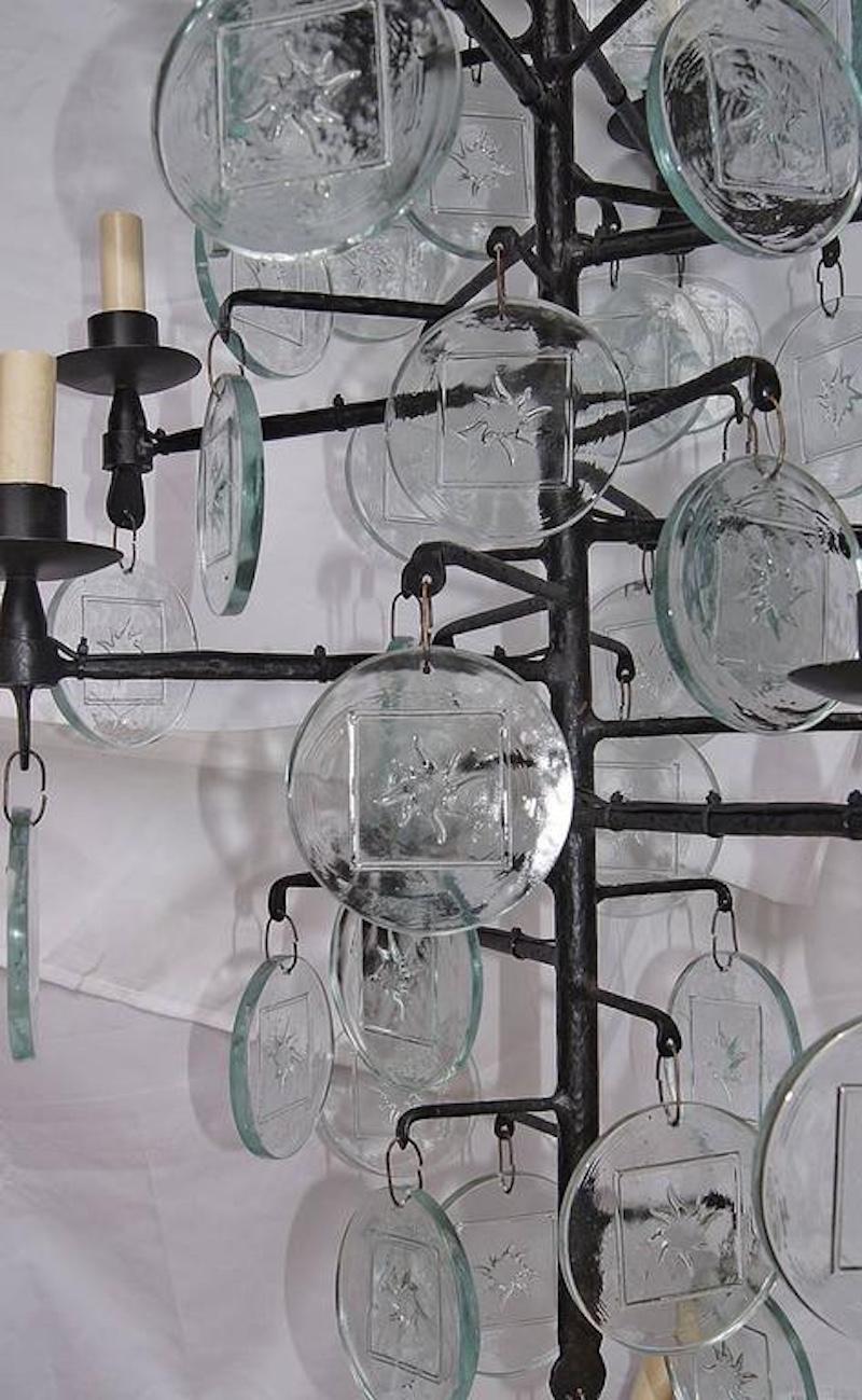Pair of Wrought Iron and Molded Glass Chandeliers, Sold Individually In Good Condition For Sale In New York, NY