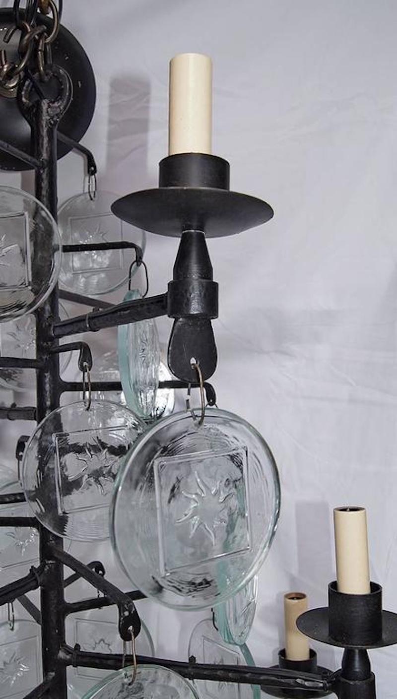 Mid-20th Century Pair of Wrought Iron and Molded Glass Chandeliers, Sold Individually For Sale