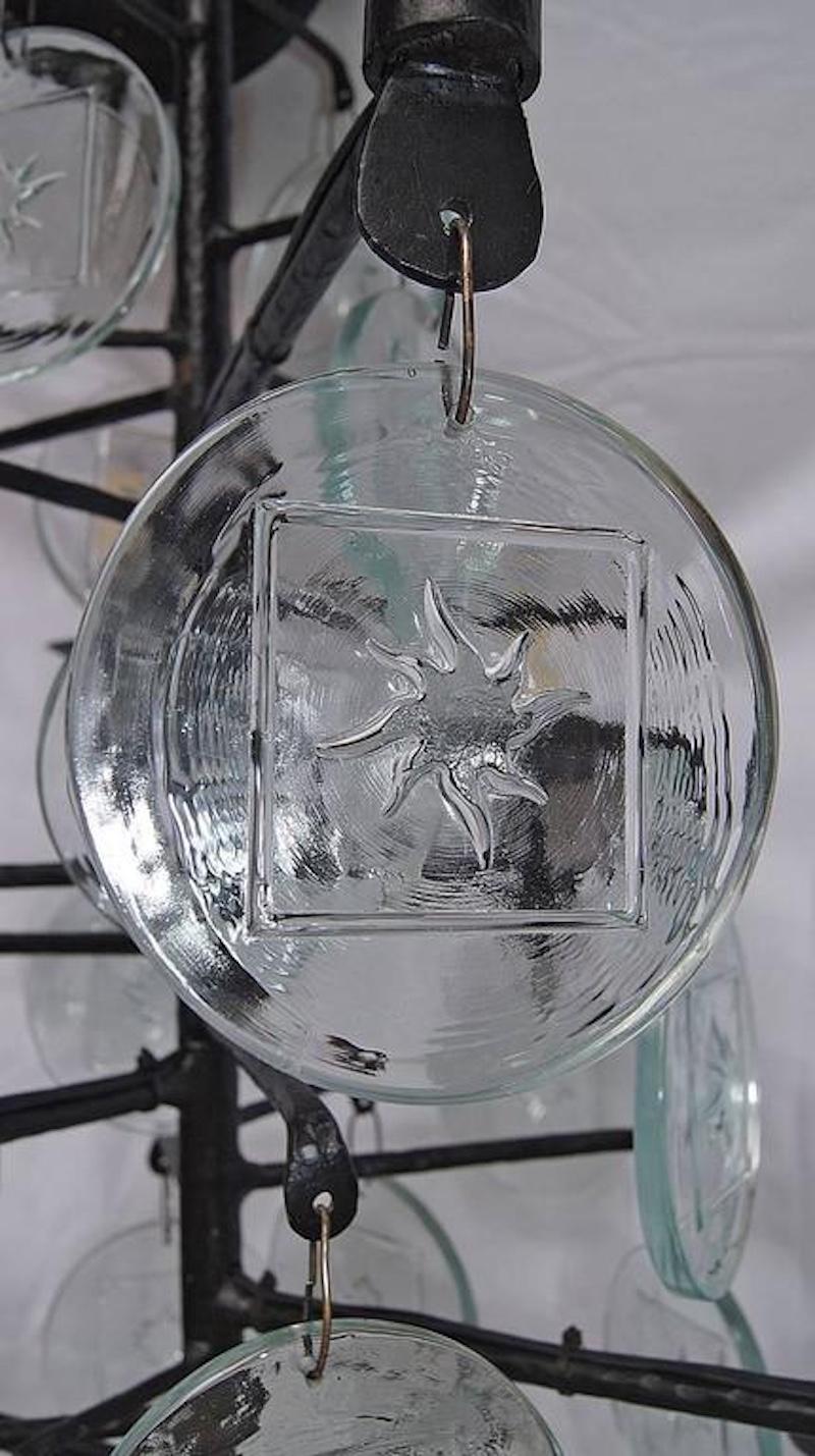 Art Glass Pair of Wrought Iron and Molded Glass Chandeliers, Sold Individually For Sale