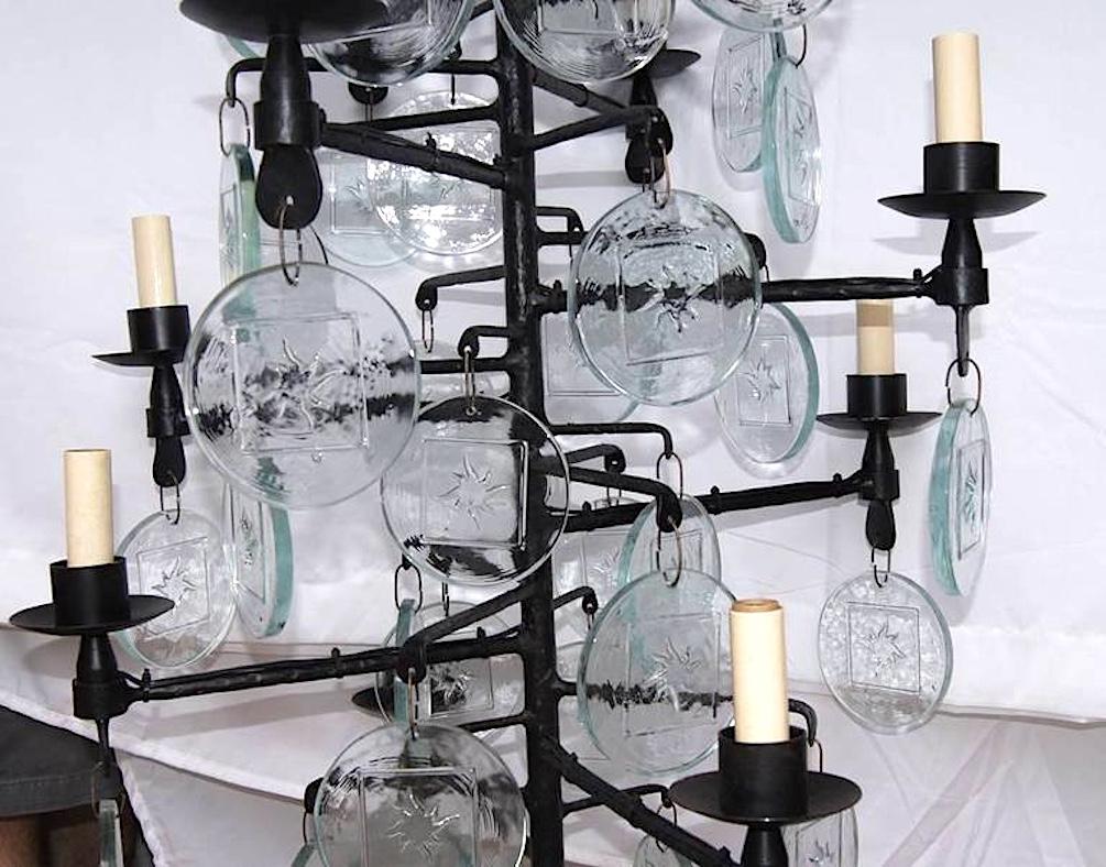 Pair of Wrought Iron and Molded Glass Chandeliers, Sold Individually For Sale 1