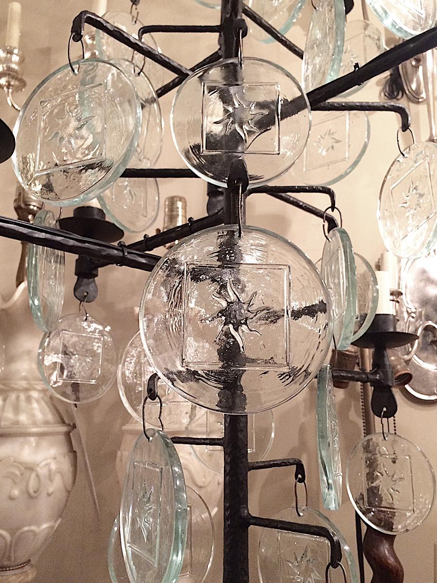 Pair of Wrought Iron and Molded Glass Chandeliers, Sold Individually For Sale 2