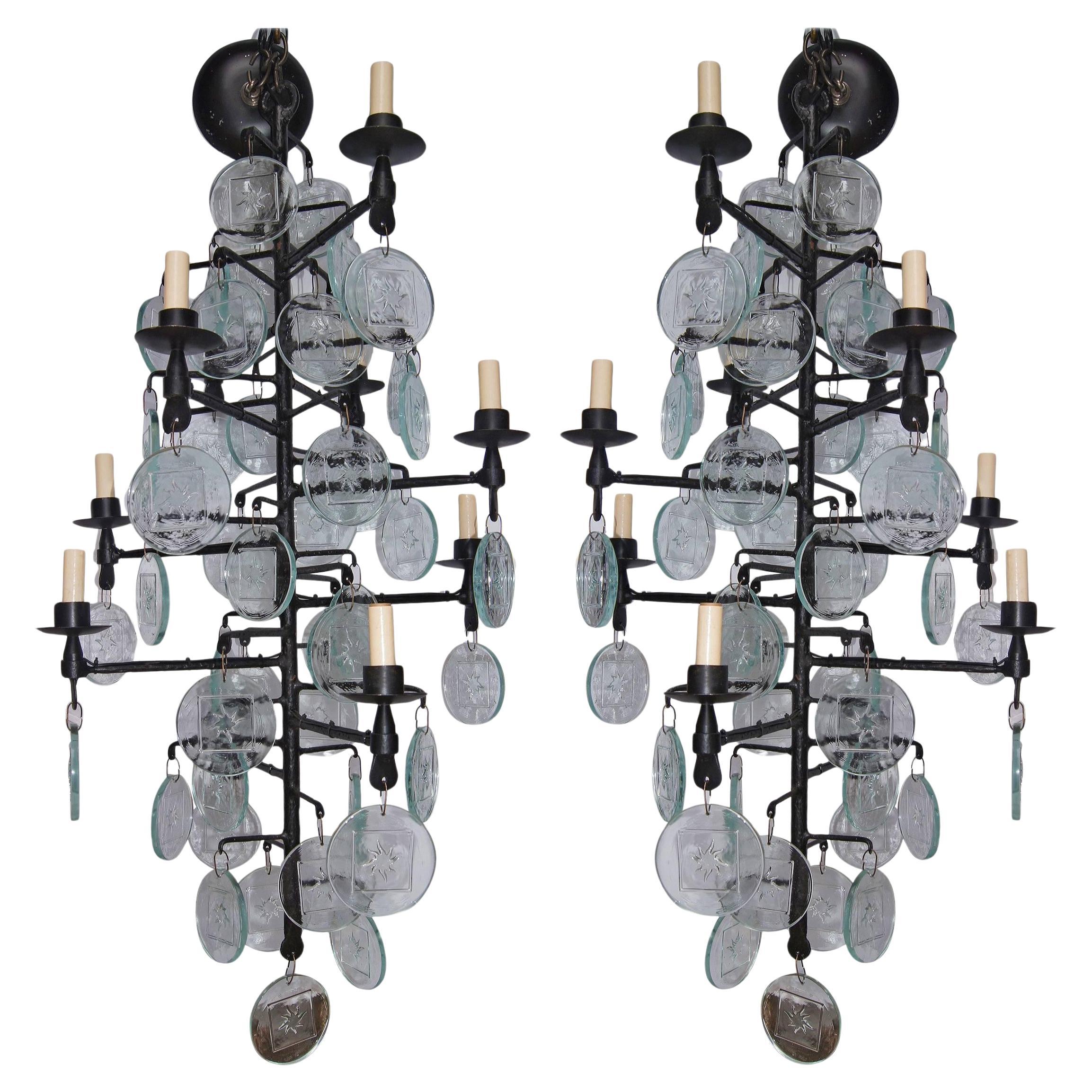 Pair of Wrought Iron and Molded Glass Chandeliers, Sold Individually For Sale