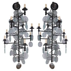 Pair of Wrought Iron and Molded Glass Chandeliers, Sold Individually