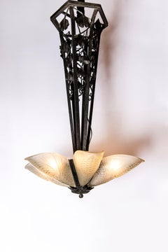 Pair of Wrought Iron and Savino Glass Chandelier, France, circa 1930