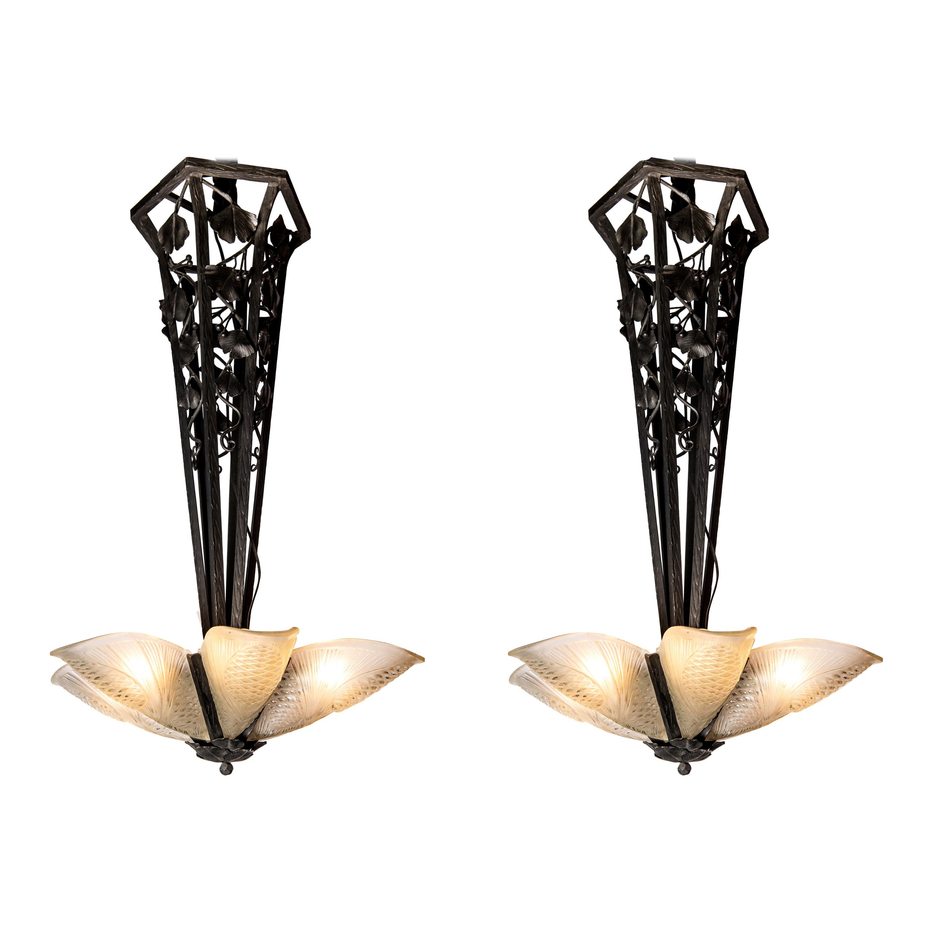 Pair of Wrought Iron and Savino Glass Chandelier, France, circa 1930