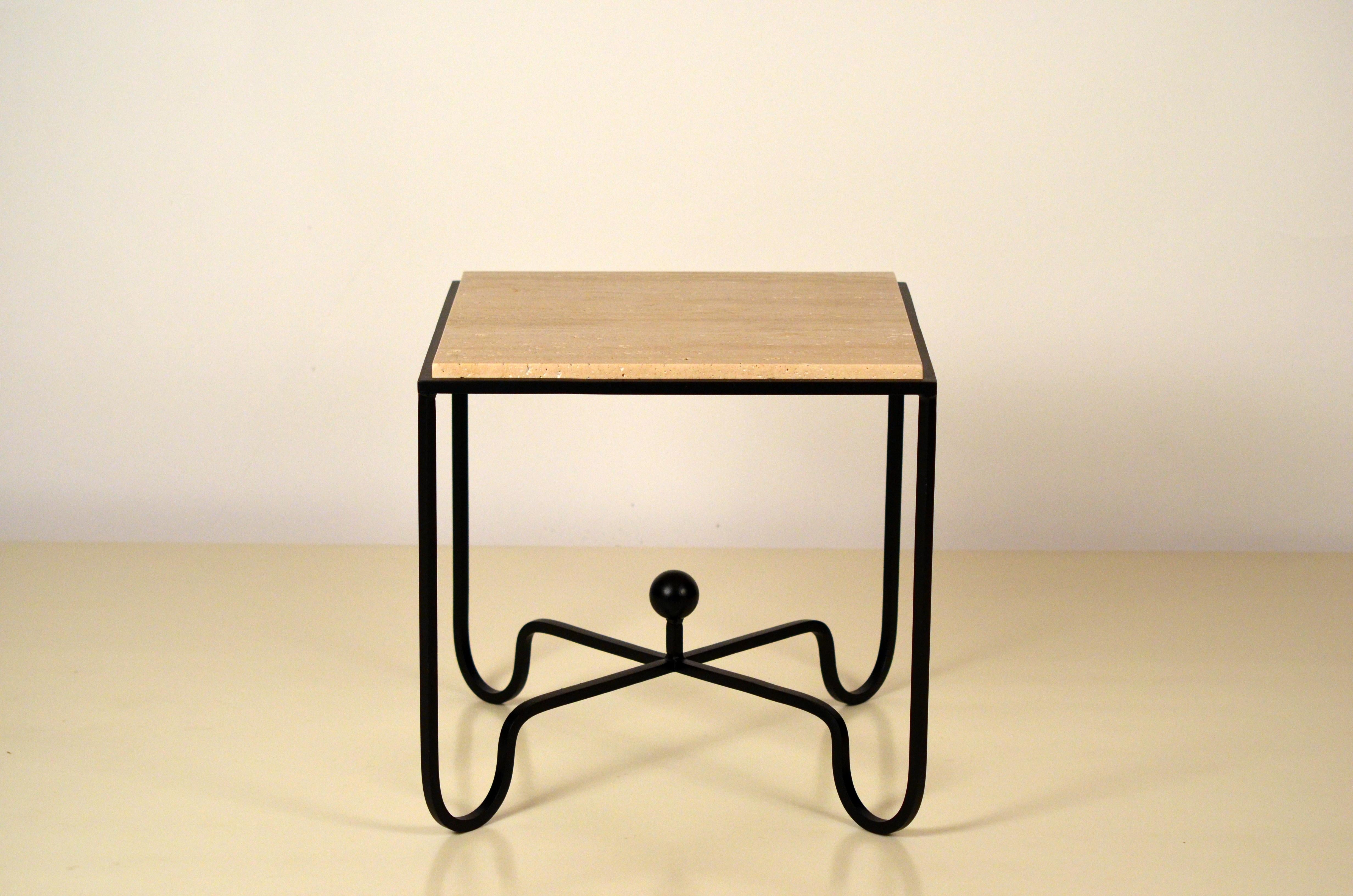 Pair of Wrought Iron and Travertine 'Entretoise' Side Tables by Design Frères For Sale 3