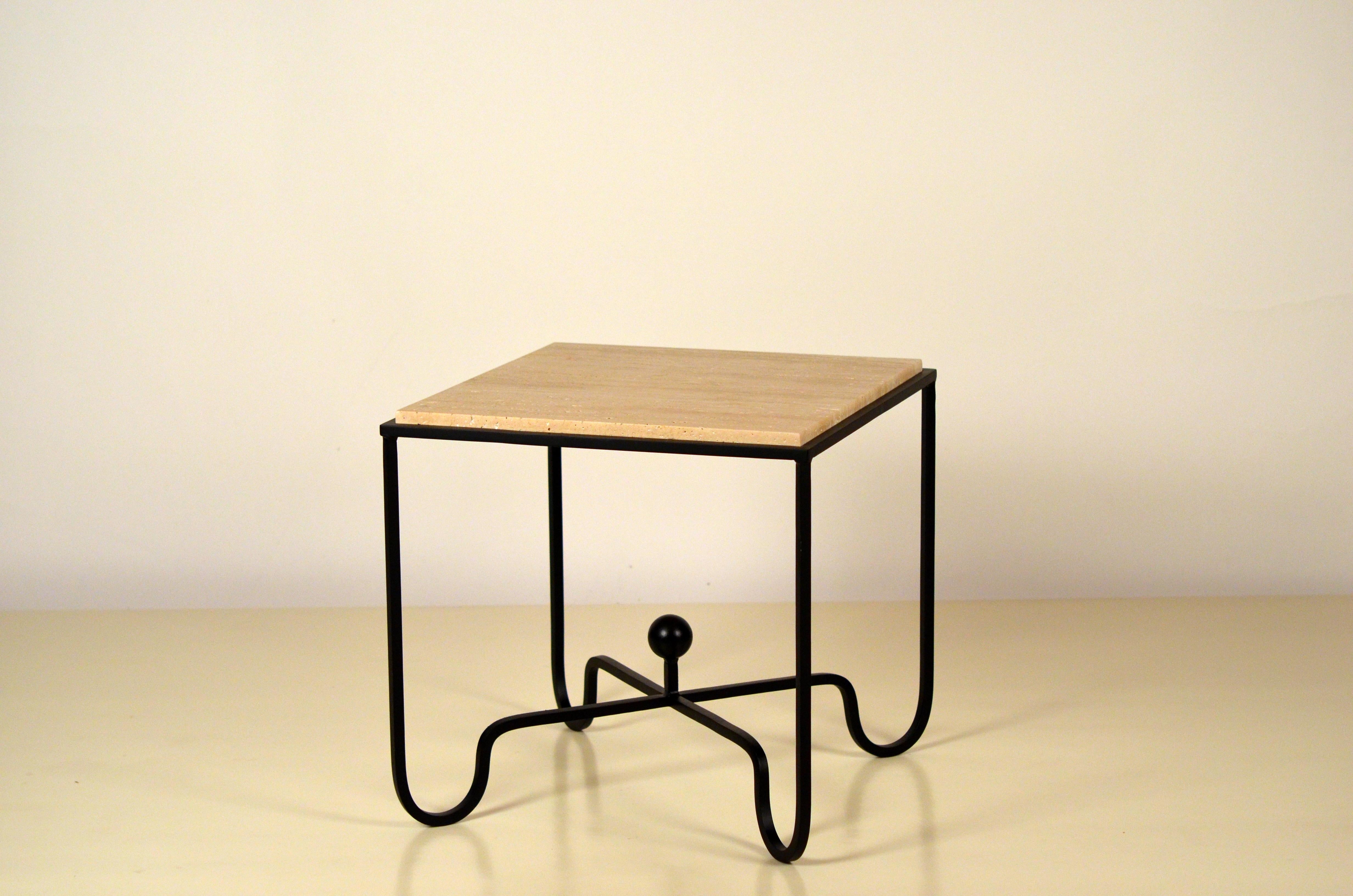 Pair of Wrought Iron and Travertine 'Entretoise' Side Tables by Design Frères For Sale 4