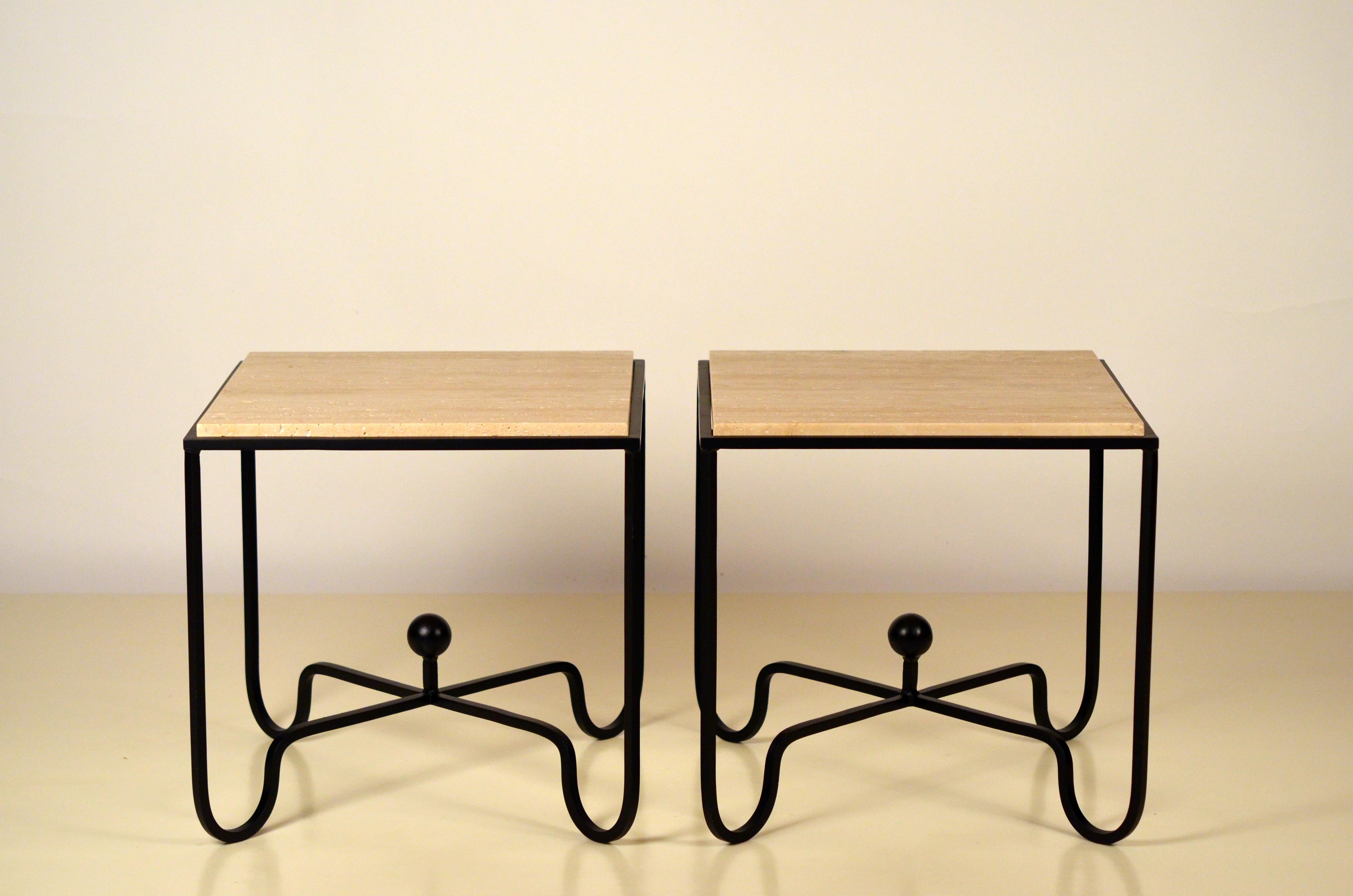 Modern Pair of Wrought Iron and Travertine 'Entretoise' Side Tables by Design Frères For Sale