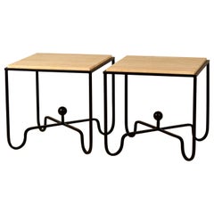 Pair of Wrought Iron and Travertine 'Entretoise' Side Tables by Design Frères
