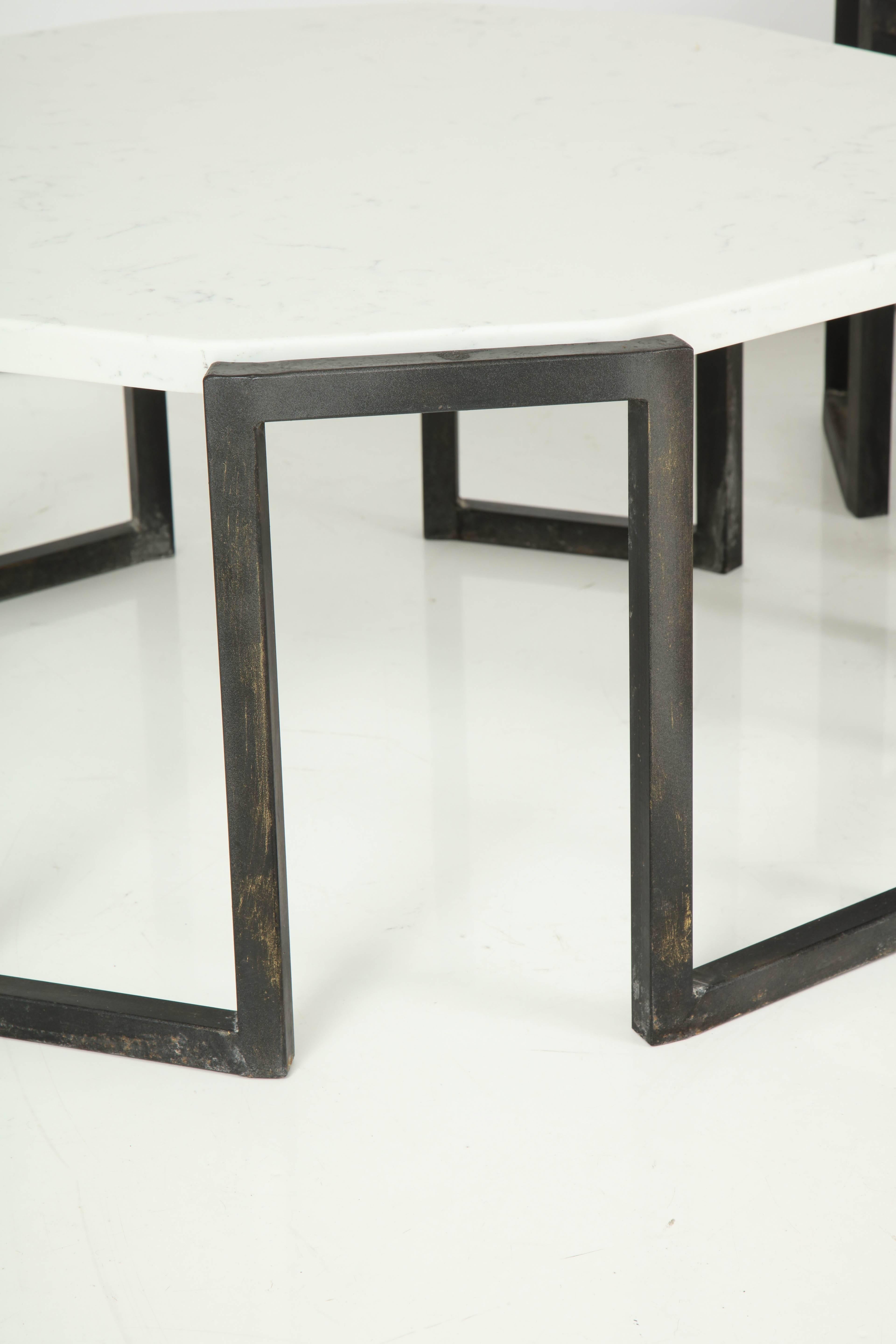 Pair of Wrought Iron and Travertine Marble Tables For Sale 3