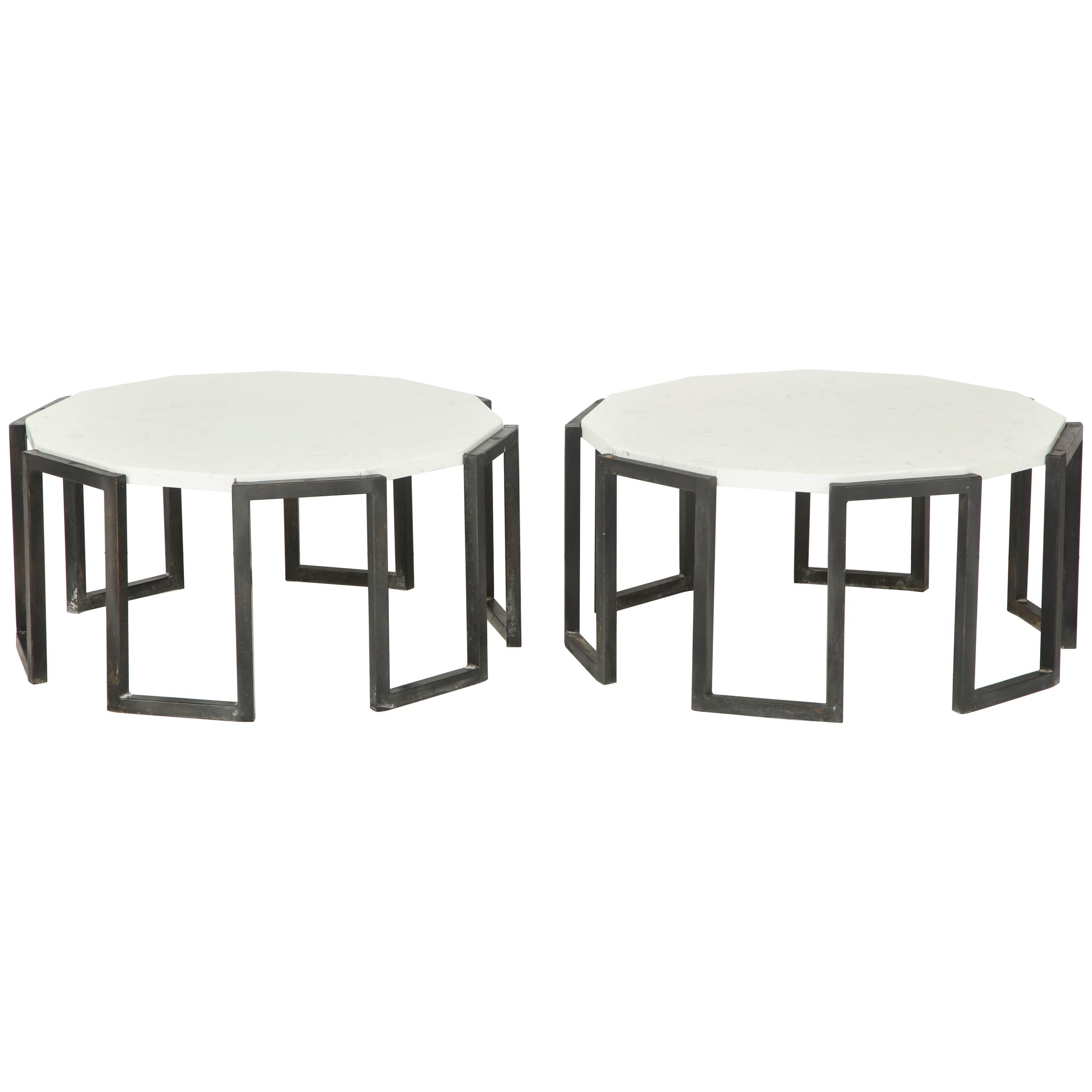Pair of Wrought Iron and Travertine Marble Tables For Sale