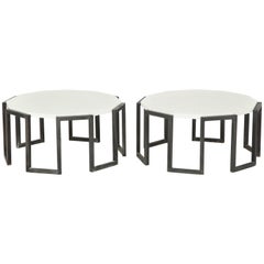 Pair of Wrought Iron and Travertine Marble Tables