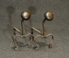 Pair of wrought iron andirons, Art & Crafts, Liberty, hammered bronze balls