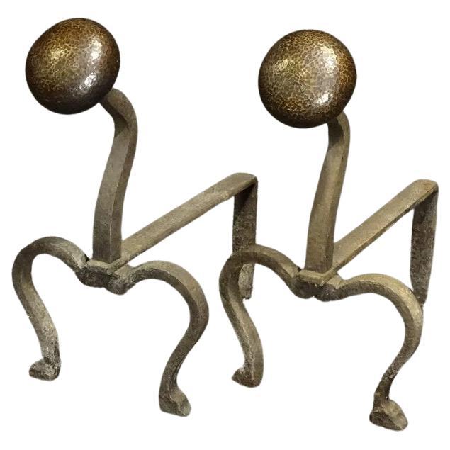 Coppia di candelabri in ferro battuto, Art & Crafts, Liberty, sfere in bronzo martellato
