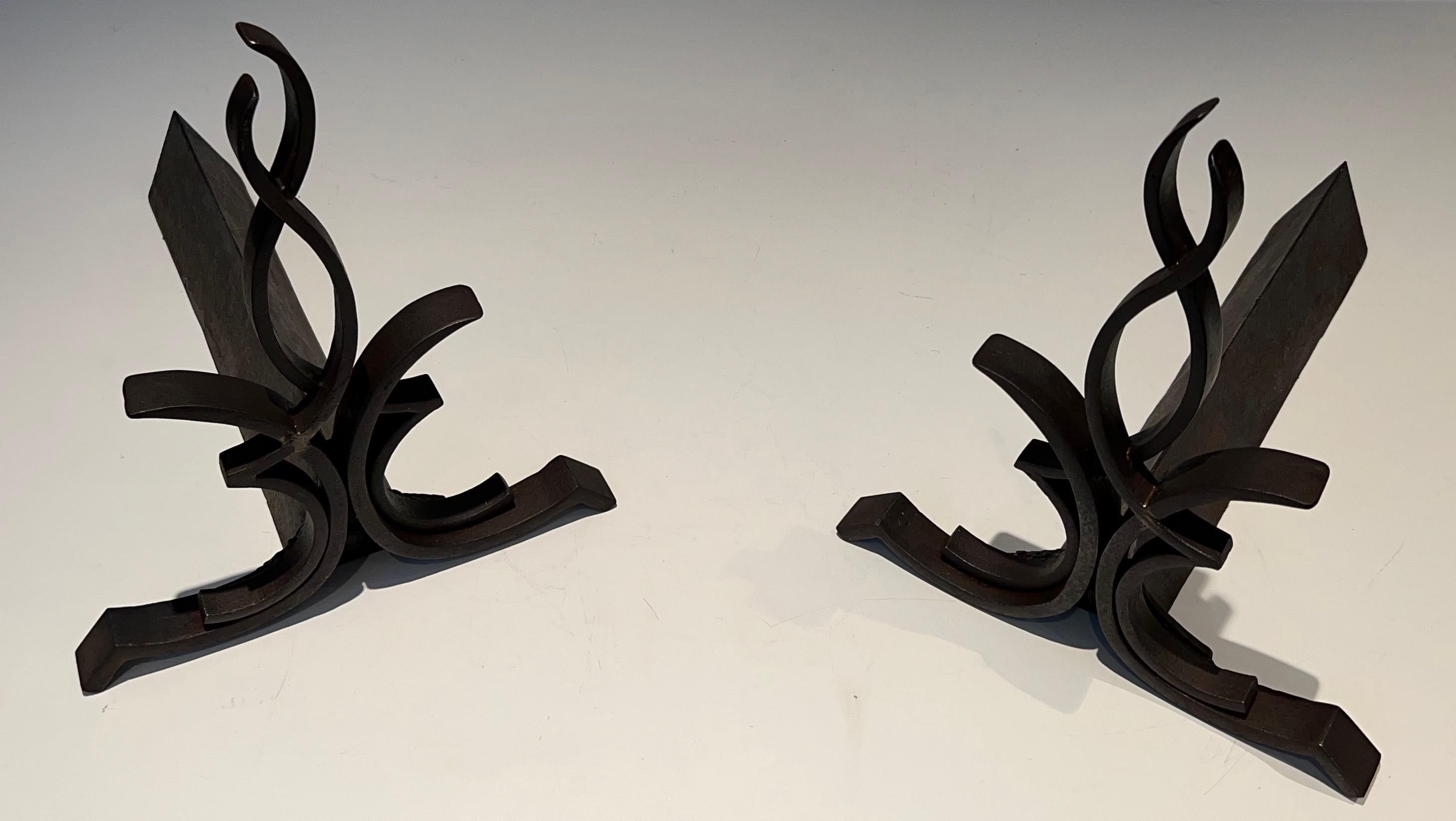 Pair of Wrought Iron Andirons by Raymond Subes For Sale 6
