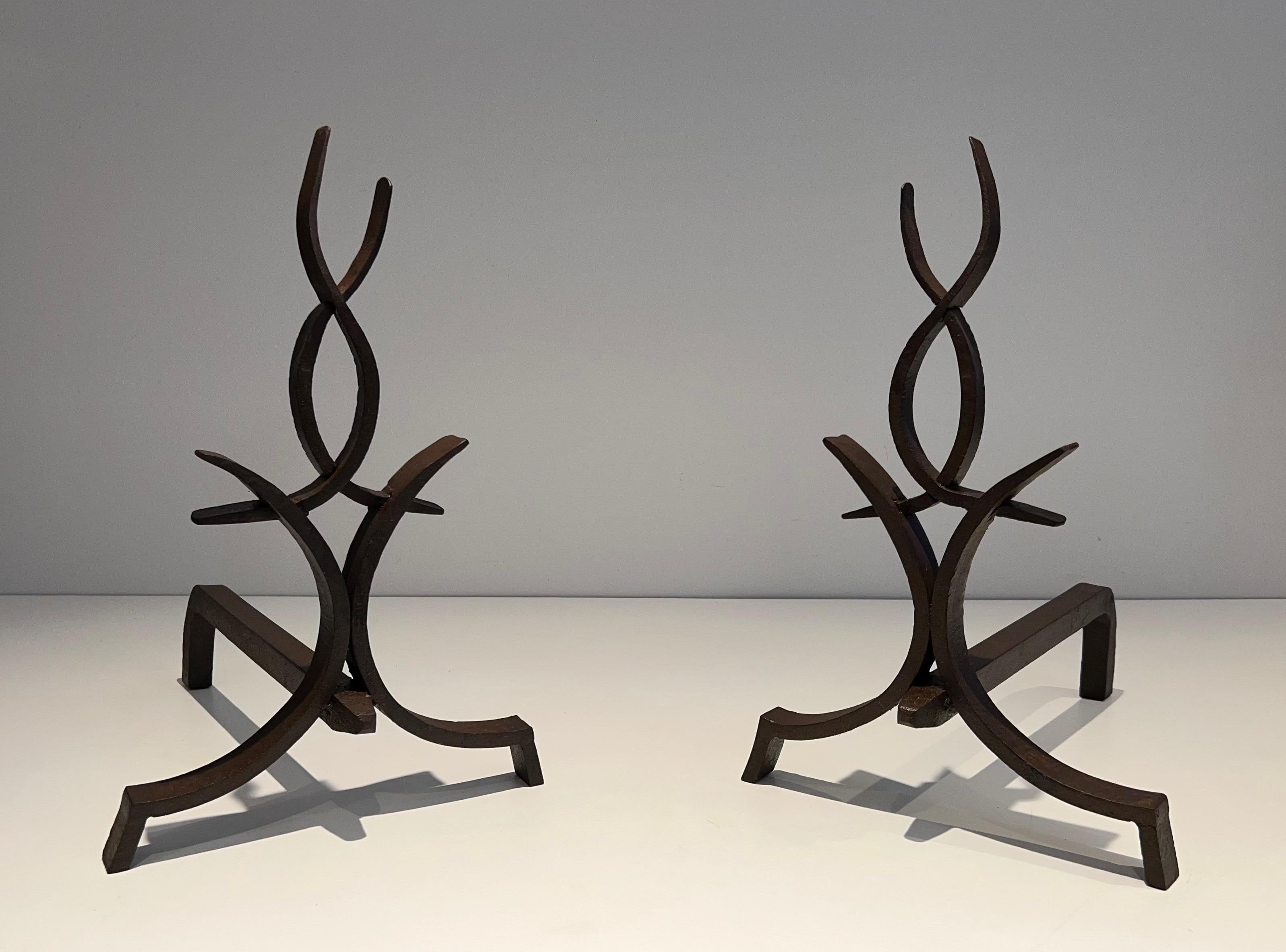 Pair of Wrought Iron Andirons by Raymond Subes For Sale 7