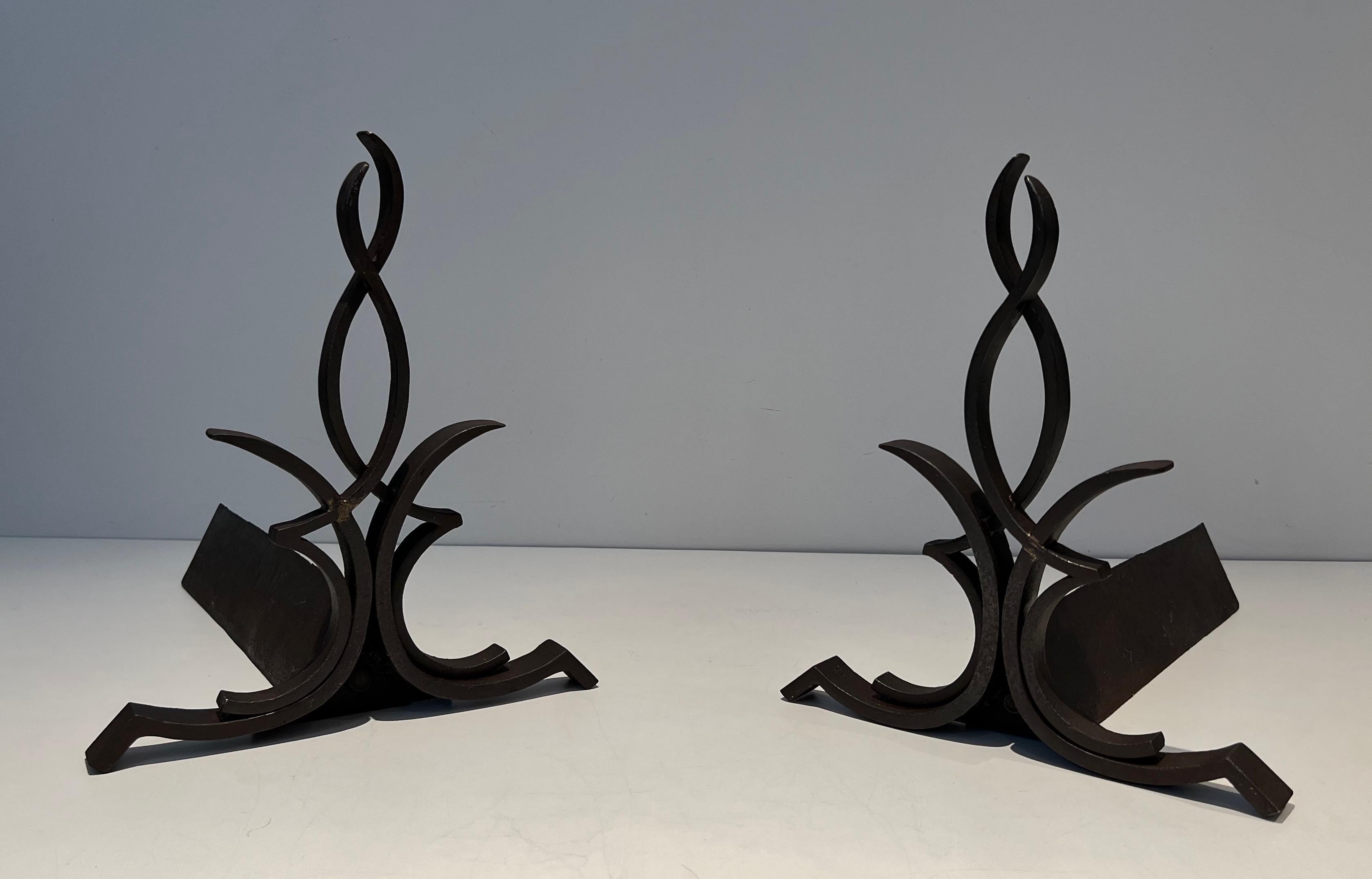 Mid-Century Modern Pair of Wrought Iron Andirons by Raymond Subes For Sale