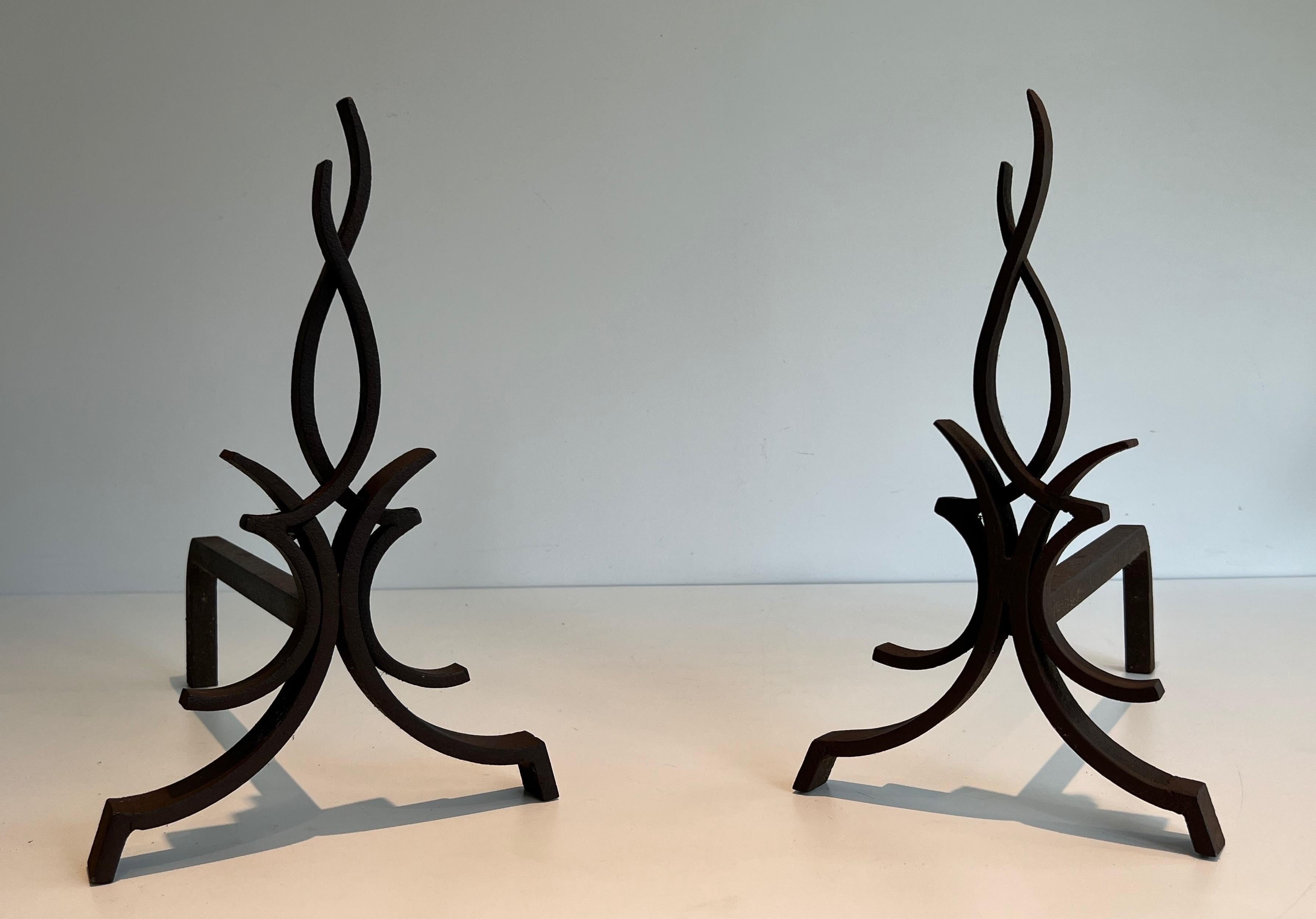 French Pair of Wrought Iron Andirons by Raymond Subes For Sale