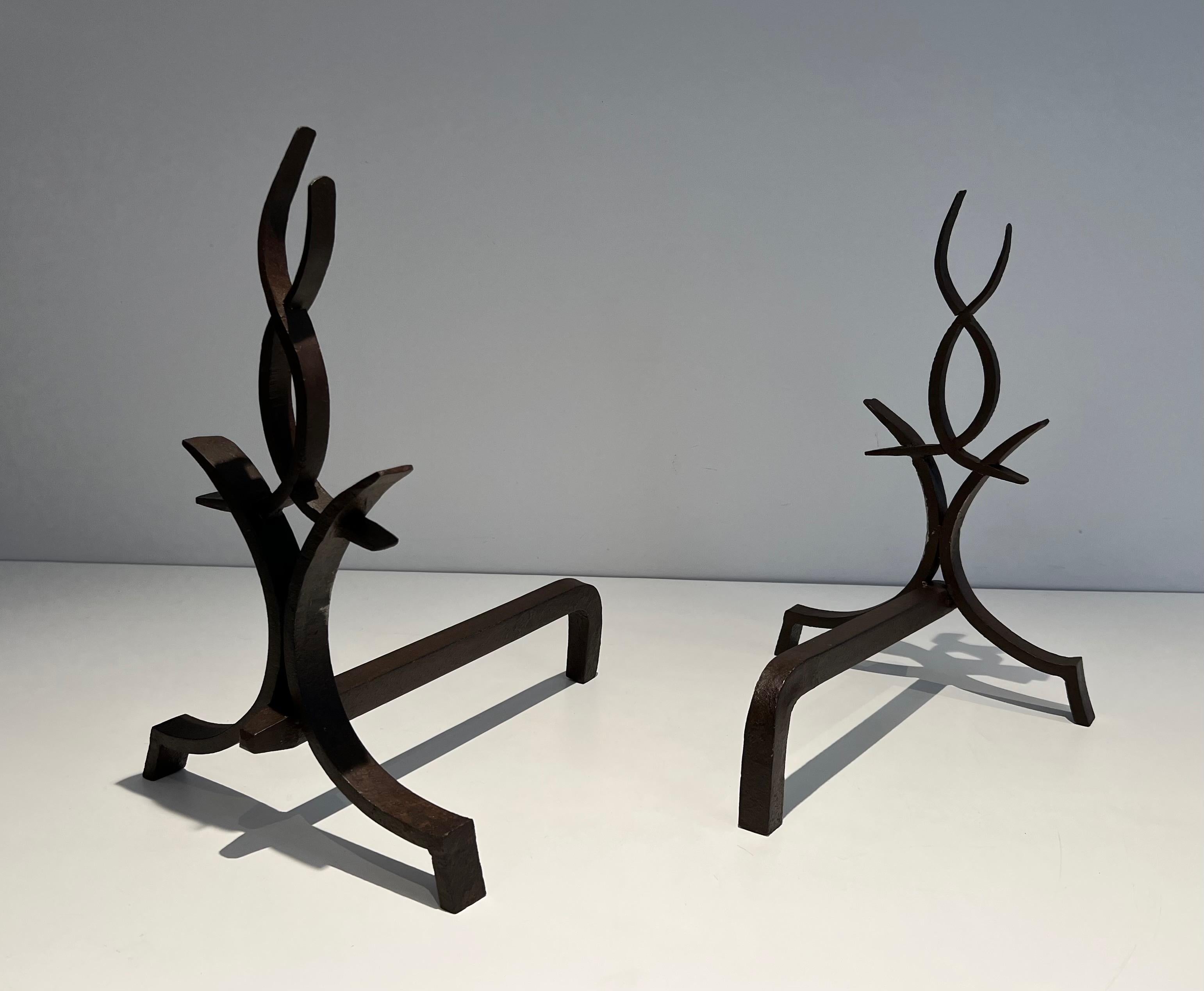 Pair of Wrought Iron Andirons by Raymond Subes In Good Condition For Sale In Marcq-en-Barœul, Hauts-de-France
