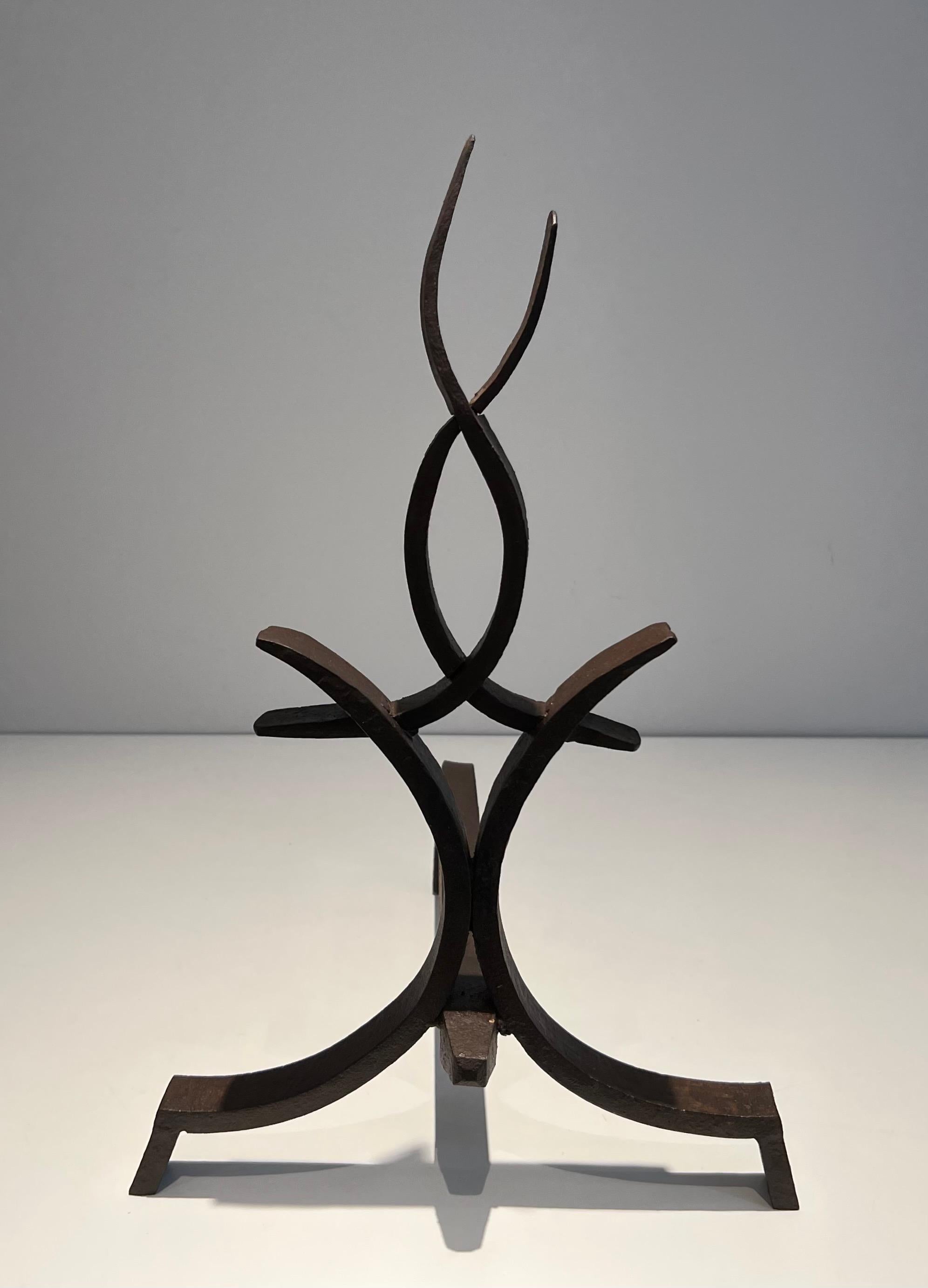 Mid-20th Century Pair of Wrought Iron Andirons by Raymond Subes For Sale