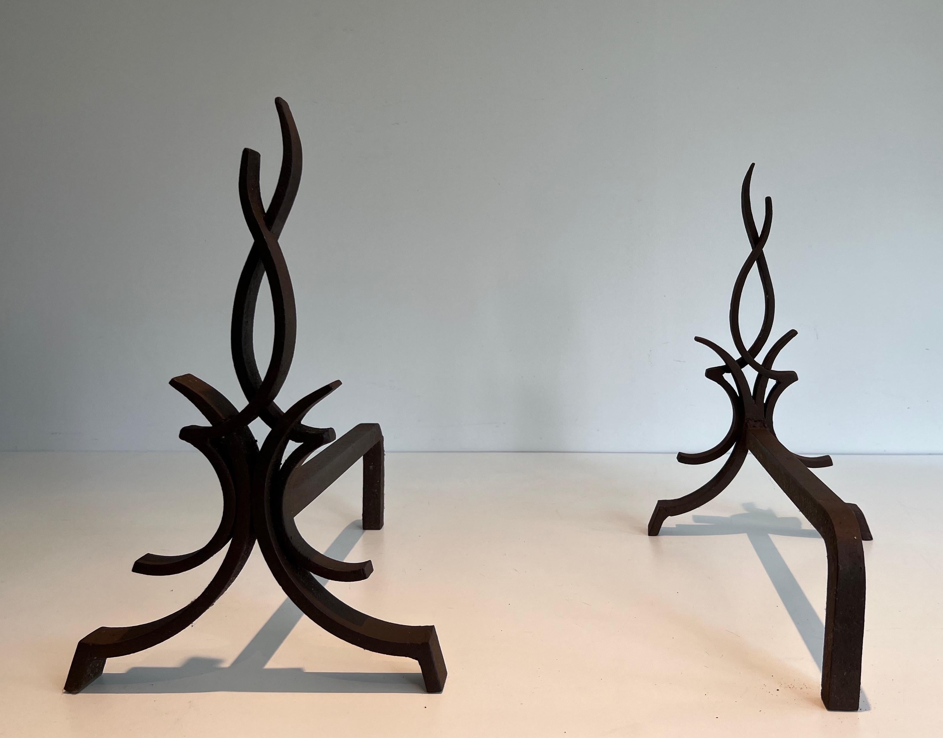 Pair of Wrought Iron Andirons by Raymond Subes For Sale 1