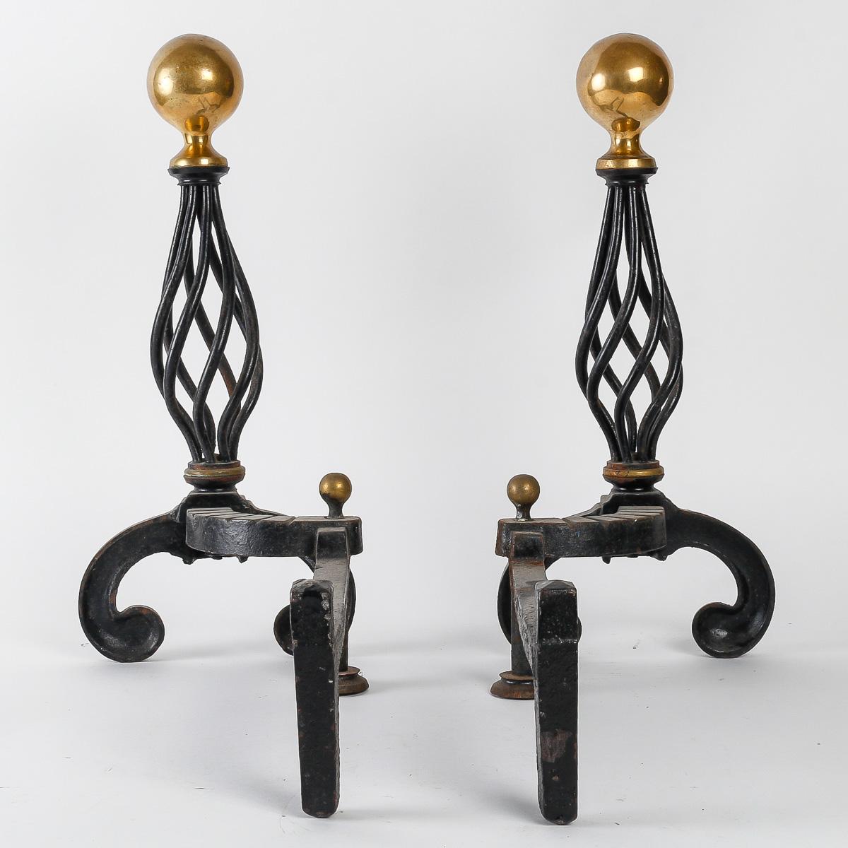 Mid-Century Modern Pair of Wrought Iron Andirons, Circa 1940 For Sale