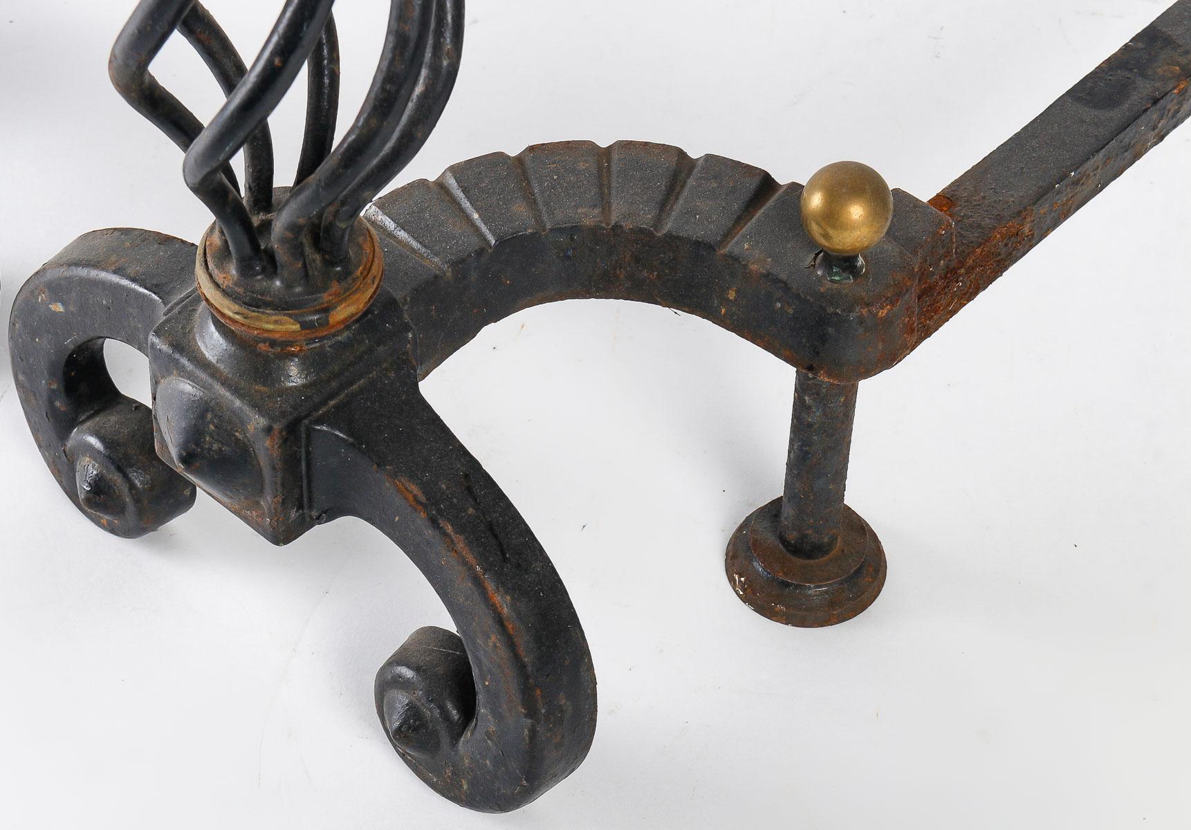 French Pair of Wrought Iron Andirons, Circa 1940 For Sale