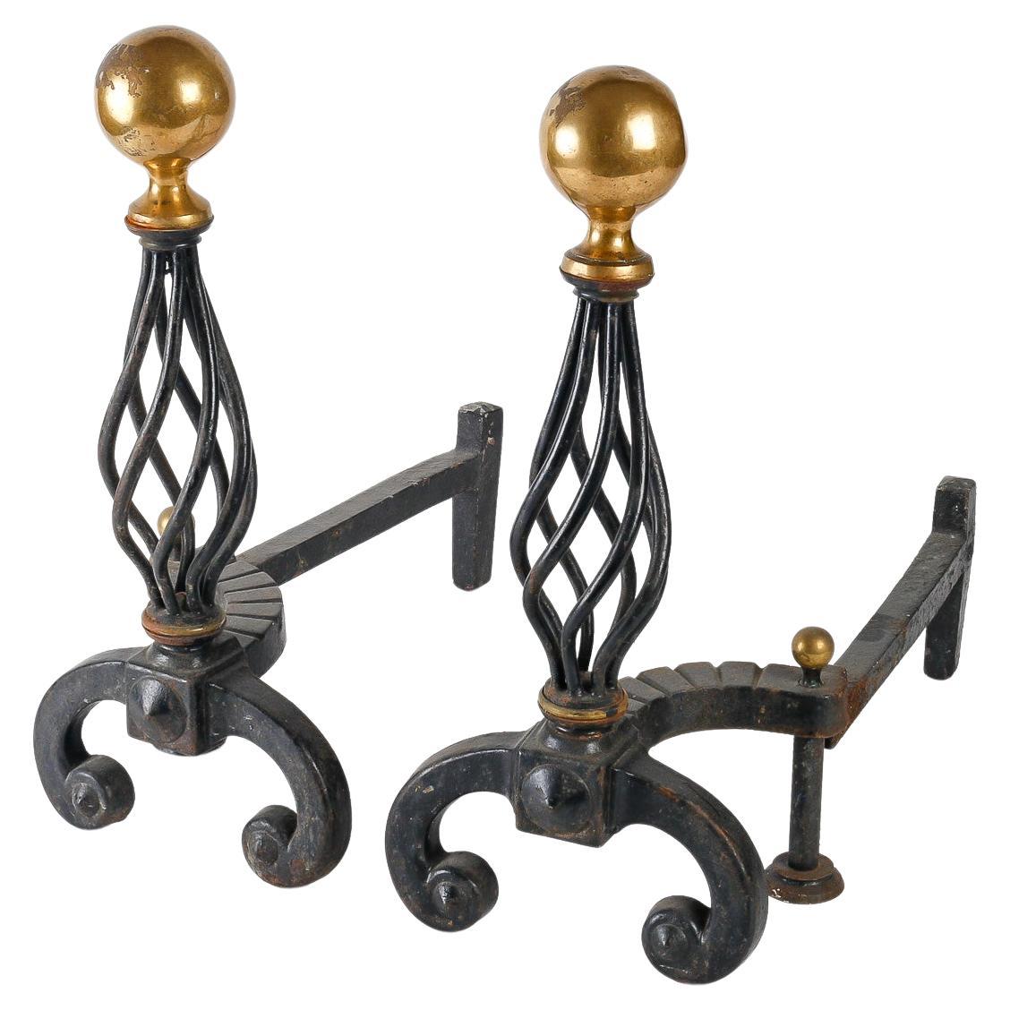 Pair of Wrought Iron Andirons, Circa 1940 For Sale