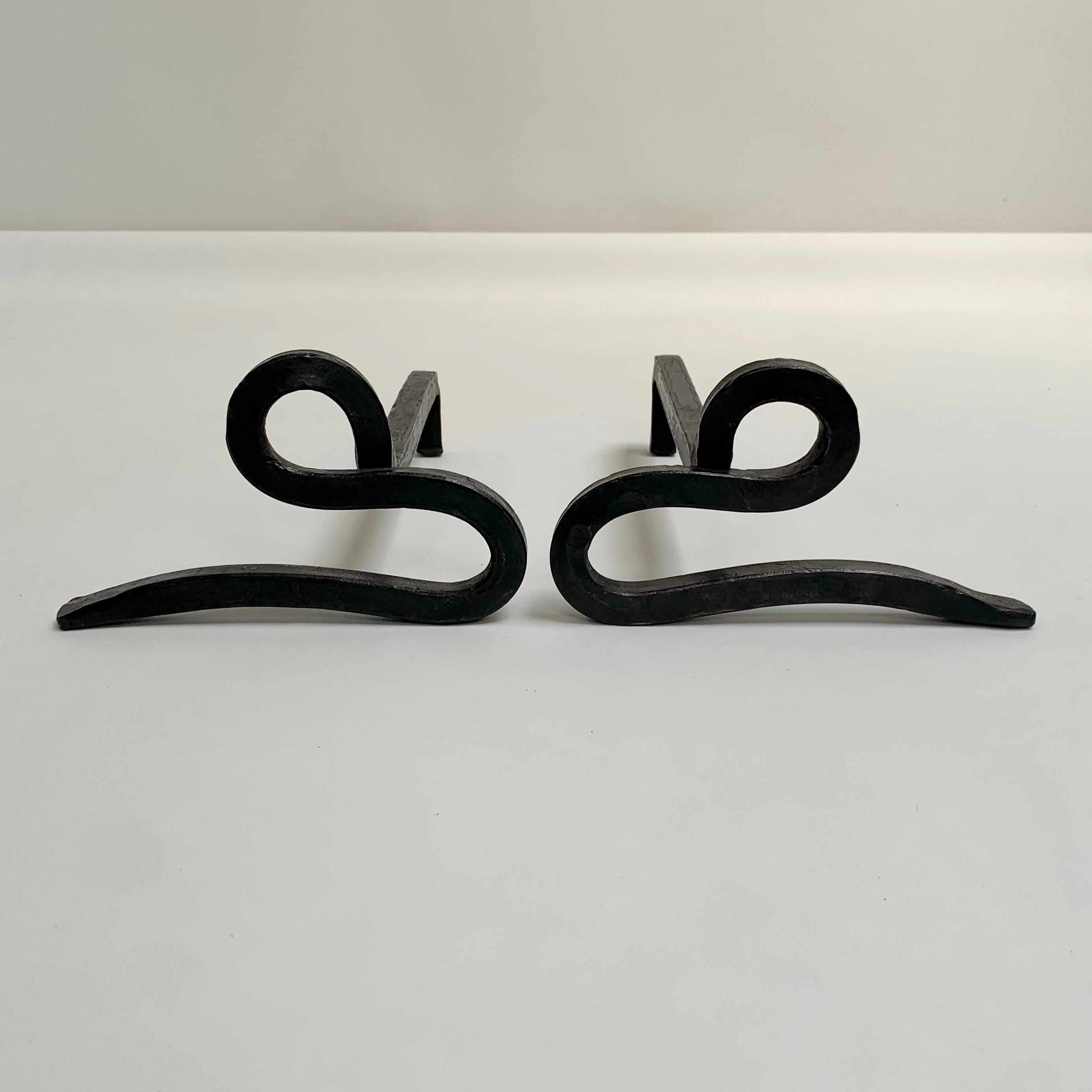 Mid-Century Modern Pair of Wrought Iron Andirons, circa 1950, France. For Sale