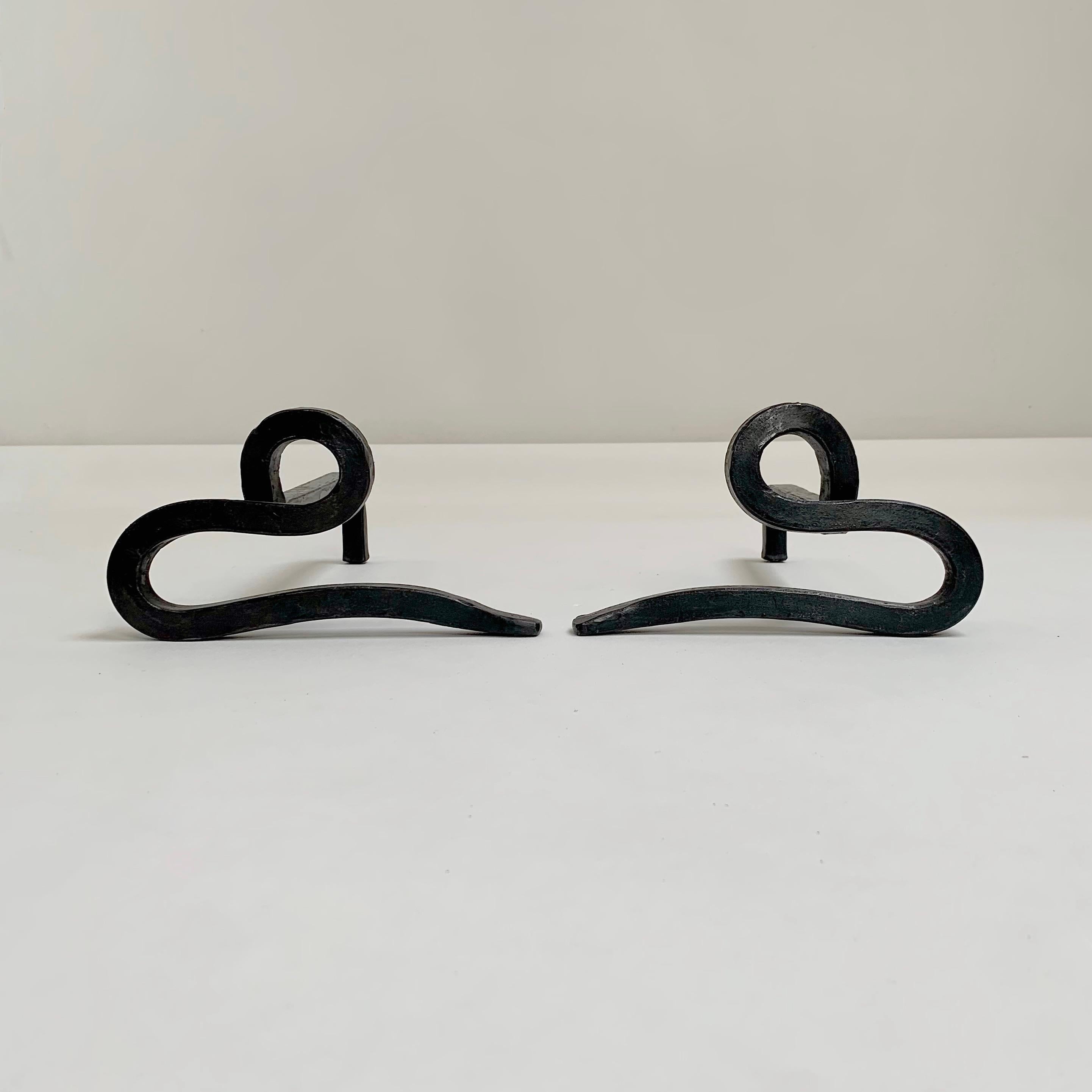 French Pair of Wrought Iron Andirons, circa 1950, France. For Sale