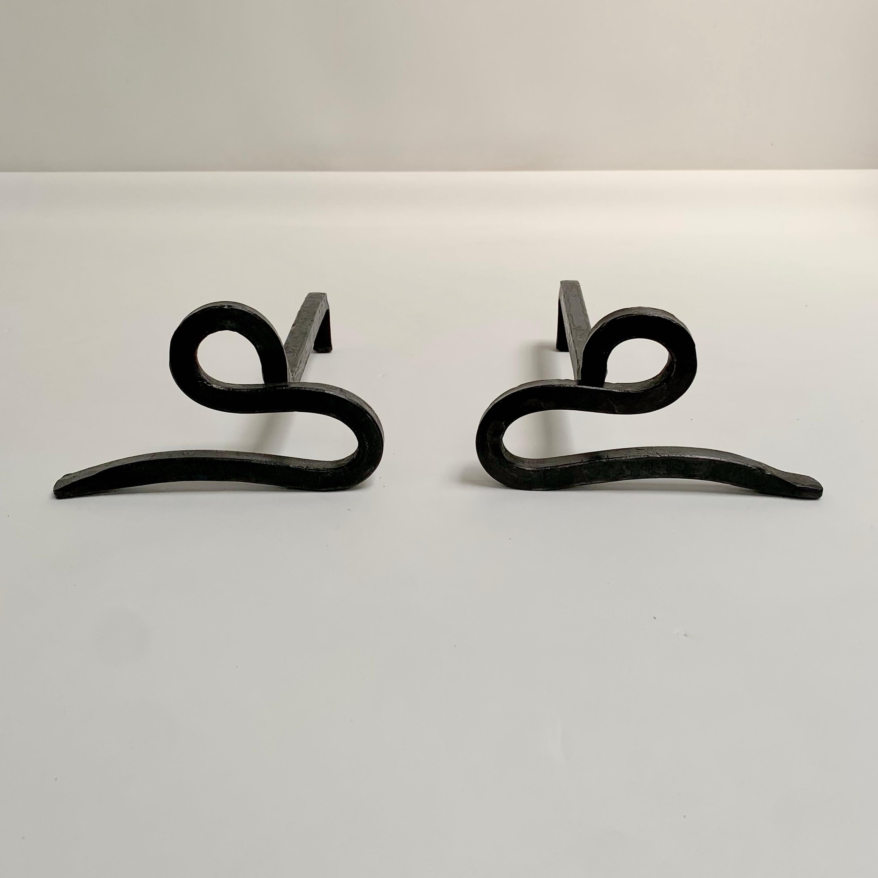 Mid-20th Century Pair of Wrought Iron Andirons, circa 1950, France. For Sale