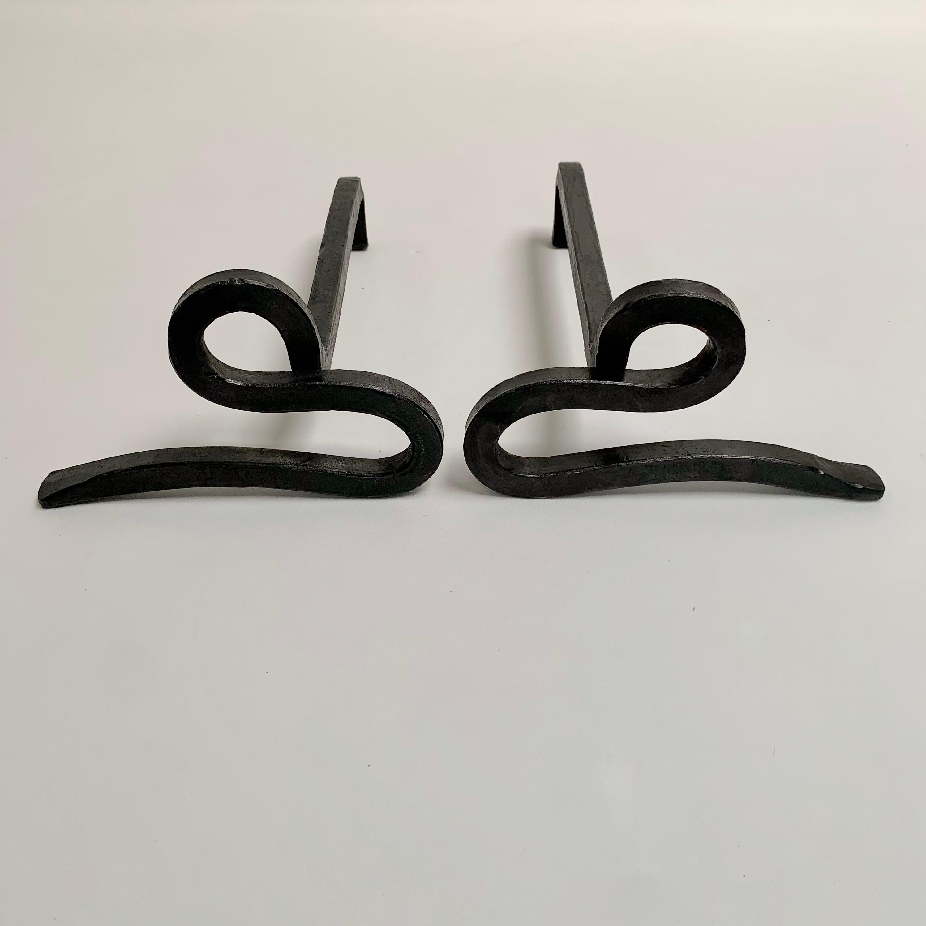 Pair of Wrought Iron Andirons, circa 1950, France. For Sale 1
