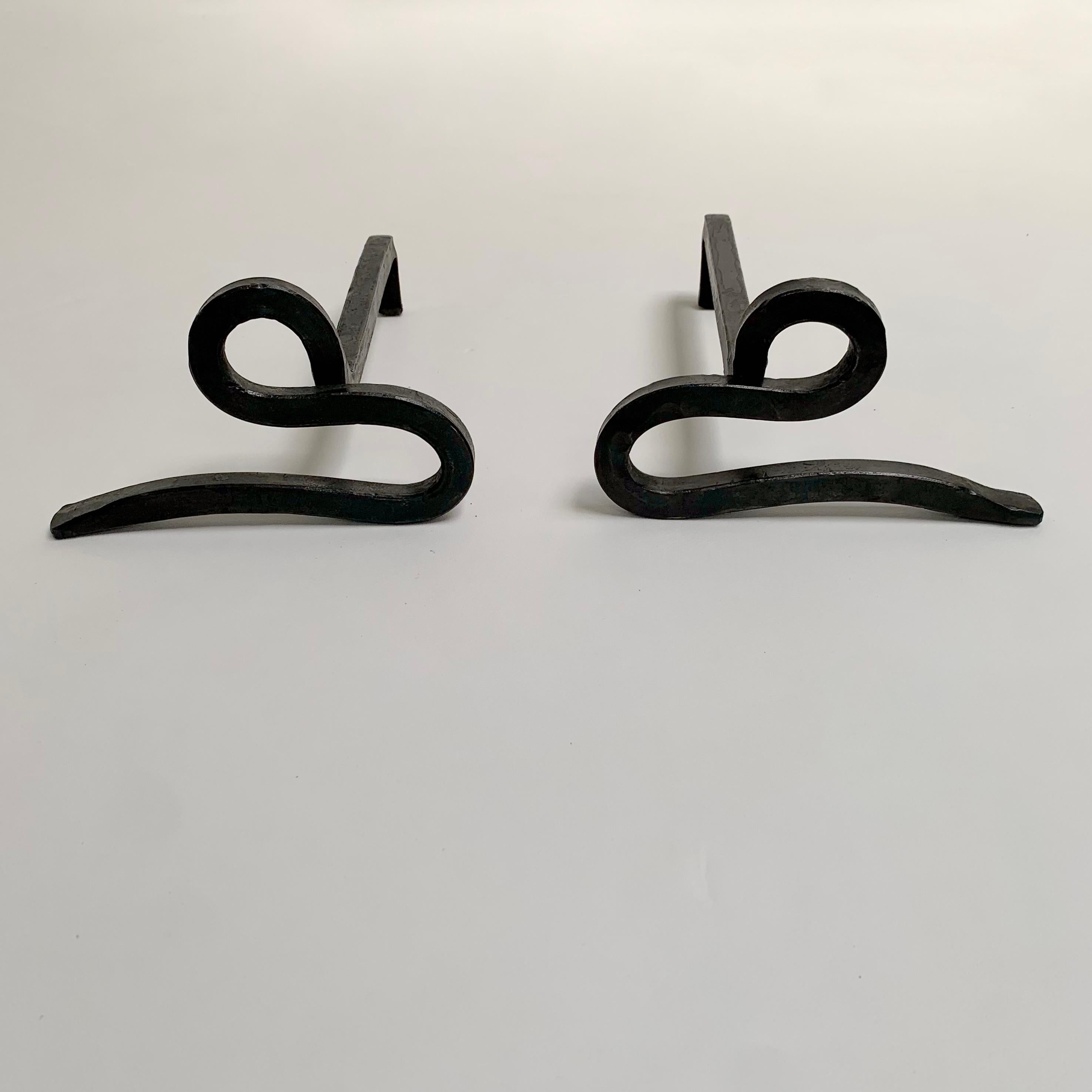 Pair of Wrought Iron Andirons, circa 1950, France. For Sale 2