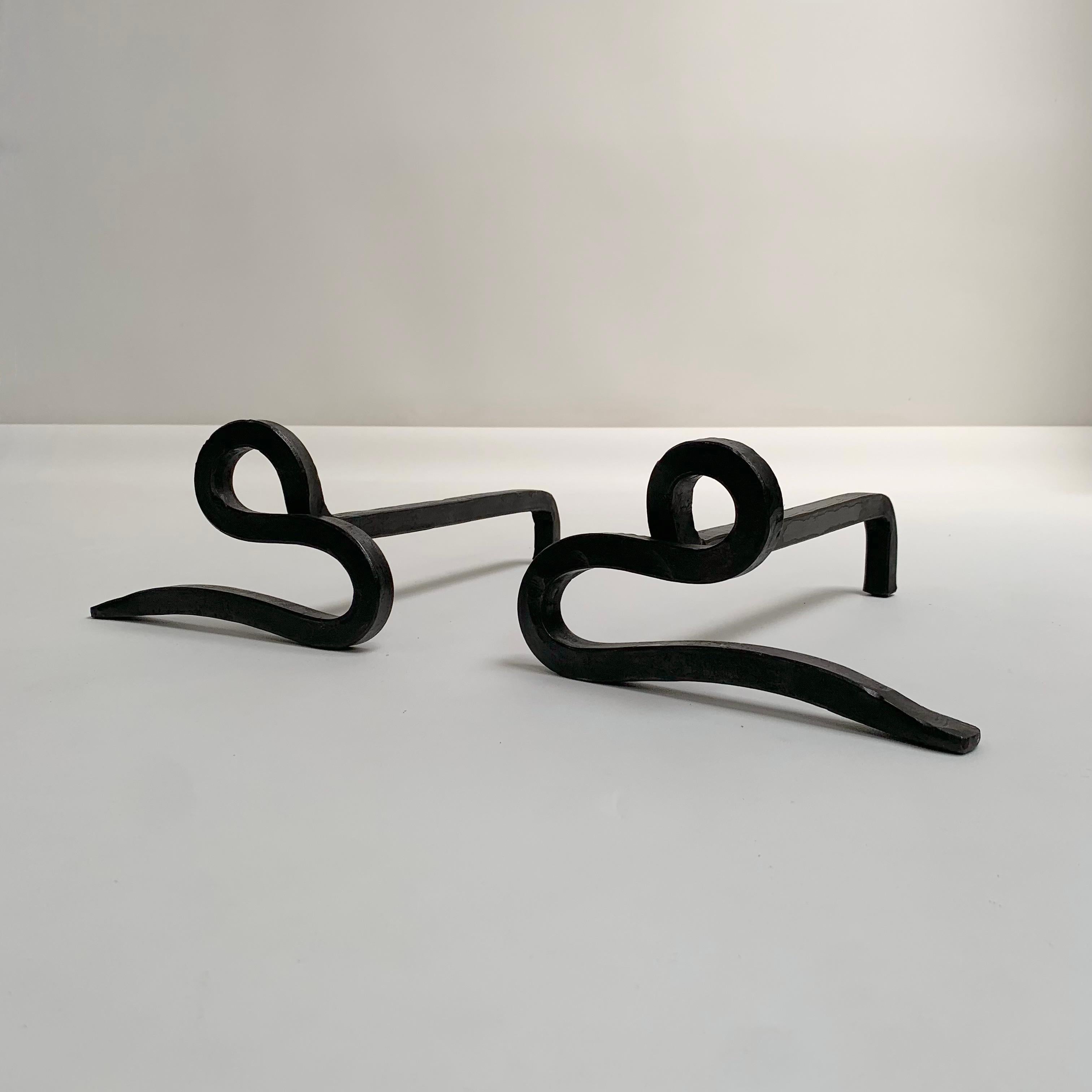 Pair of Wrought Iron Andirons, circa 1950, France. For Sale 3