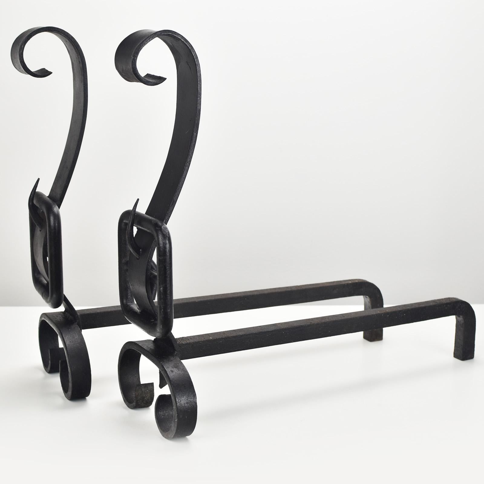 Mid-Century Modern Pair of Wrought Iron Andirons Firedogs France ca. 1950s Jacques Adnet Style For Sale
