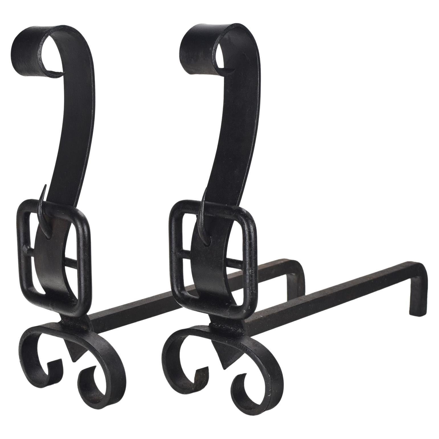 Pair of Wrought Iron Andirons Firedogs France ca. 1950s Jacques Adnet Style For Sale