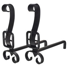 Pair of Wrought Iron Andirons Firedogs France ca. 1950s Jacques Adnet Style