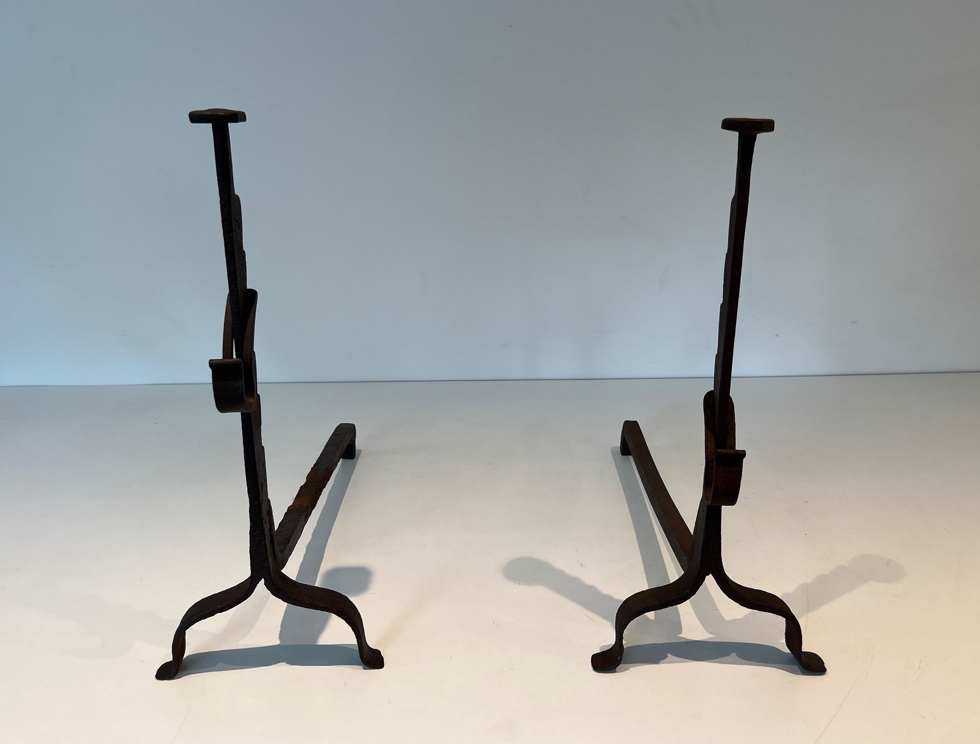 Pair of Wrought Iron Andirons For Sale 4