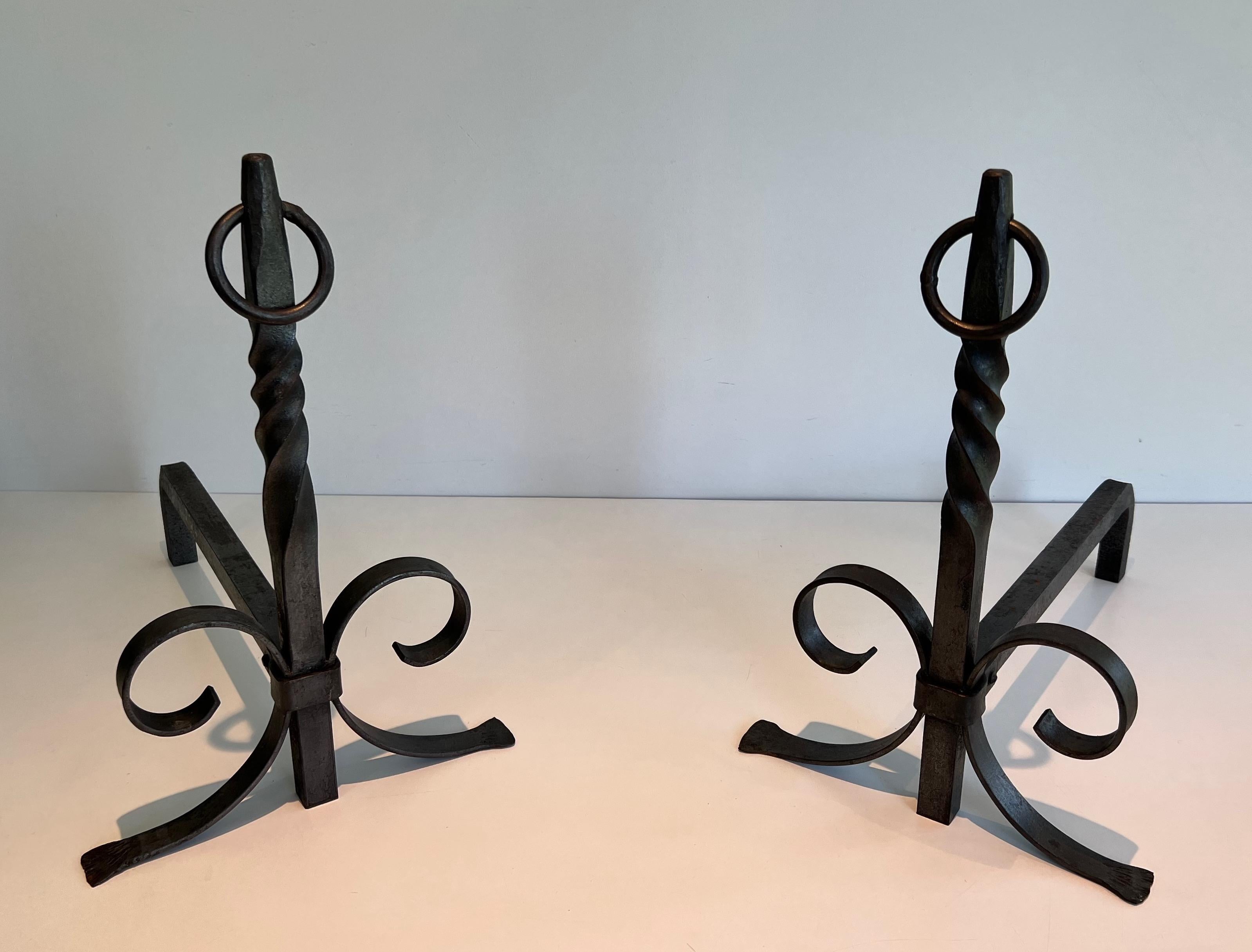Pair of Wrought Iron Andirons For Sale 5