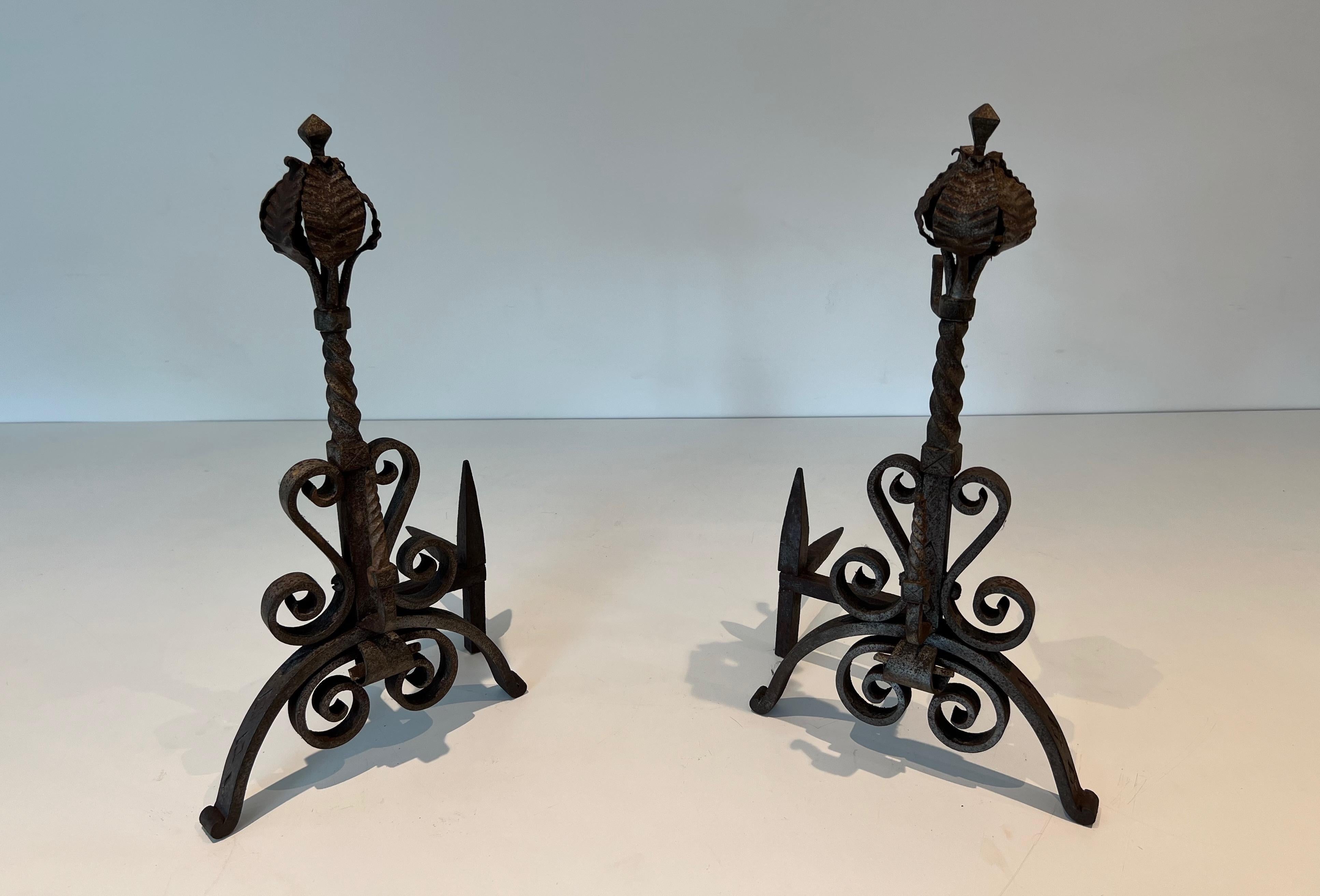 Pair of Wrought Iron Andirons For Sale 5