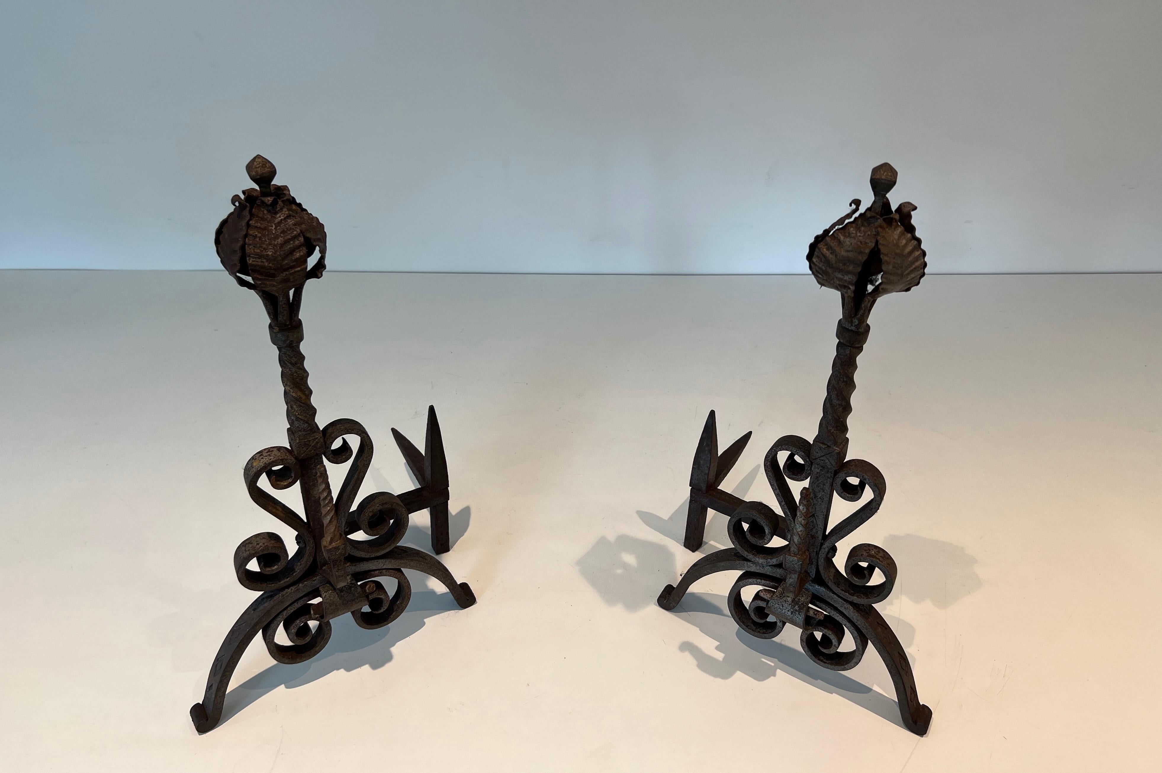 Pair of Wrought Iron Andirons For Sale 10