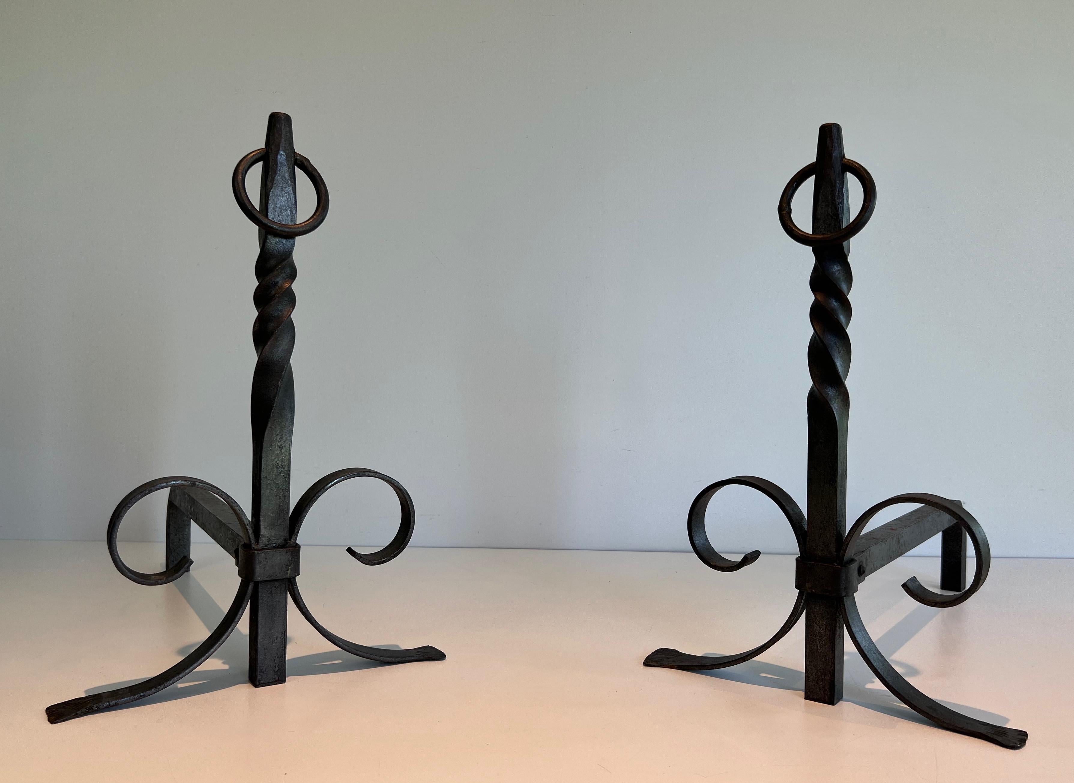 This pair of andirons is made of wrought iron andirons. This is a French Work. Circa 1920