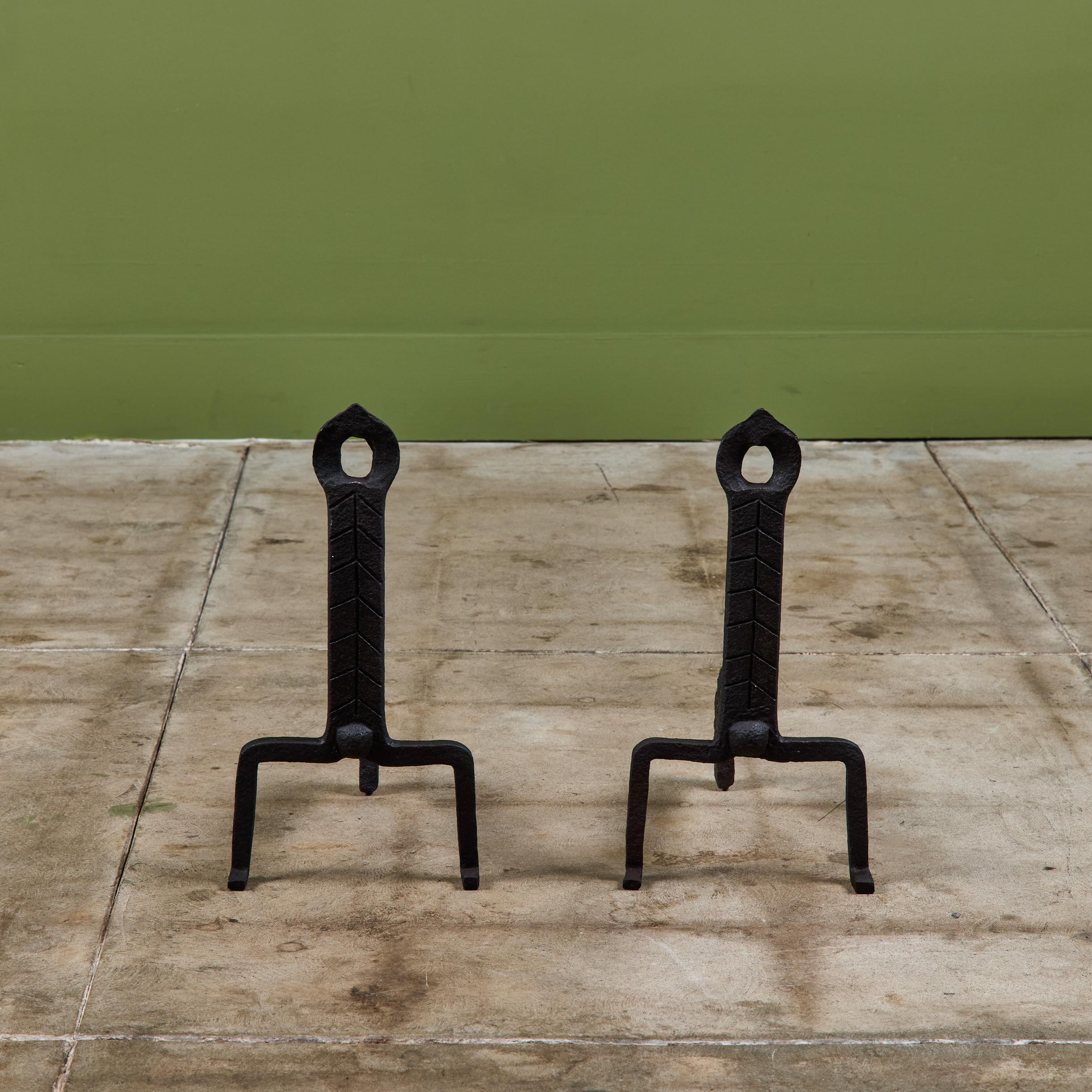 Mid-Century Modern Pair of Wrought Iron Andirons For Sale
