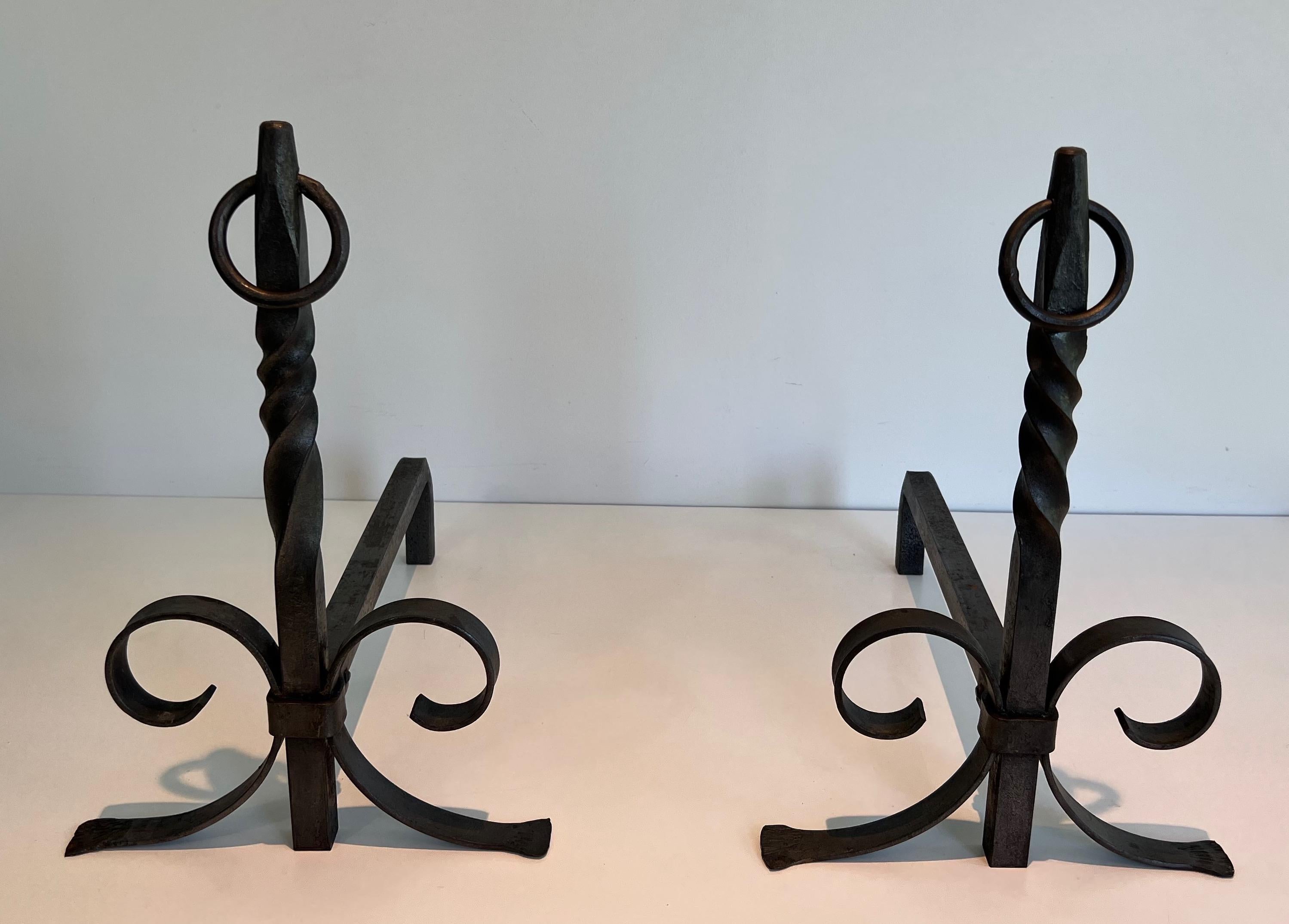 Mid-Century Modern Pair of Wrought Iron Andirons For Sale