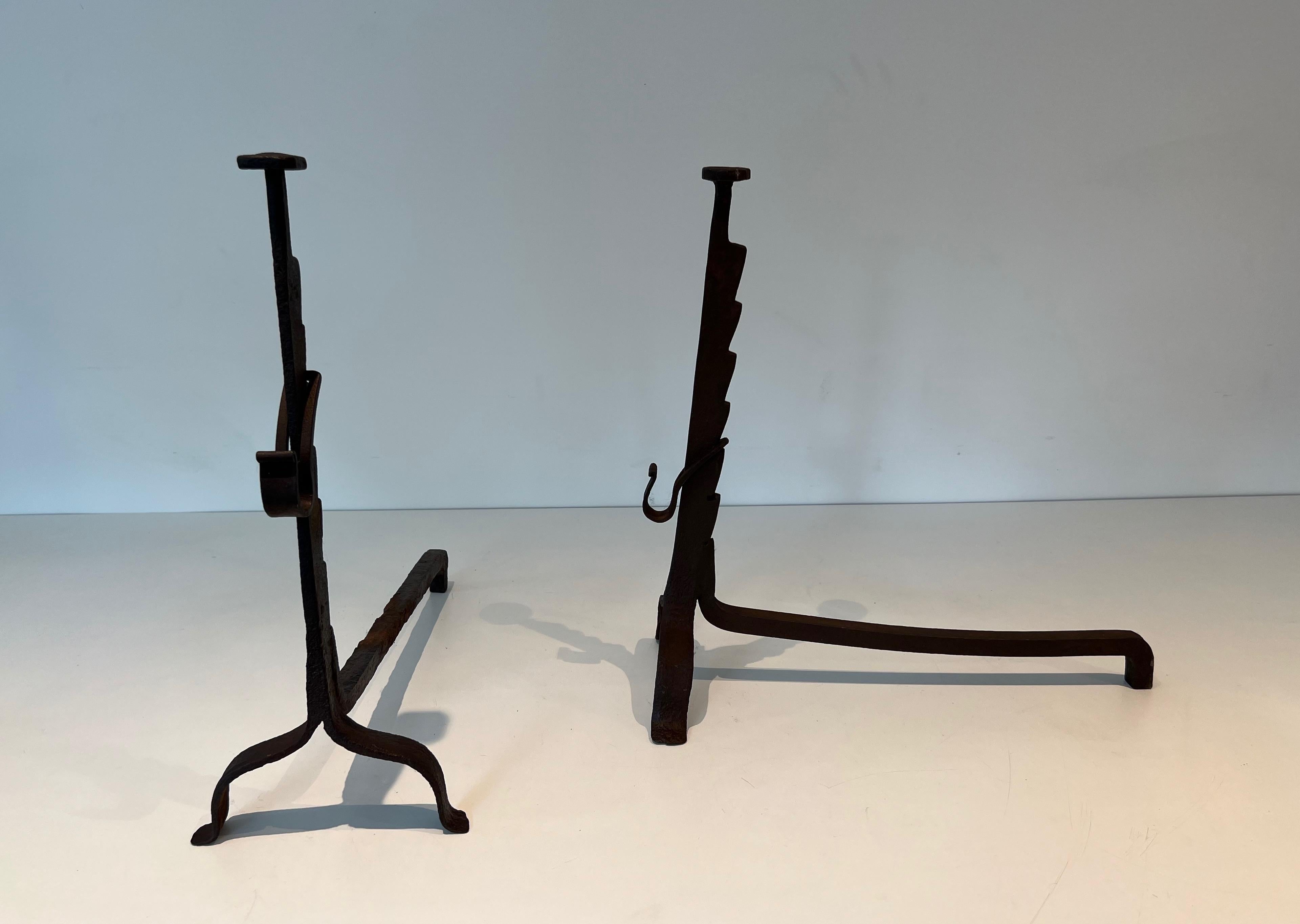 Gothic Pair of Wrought Iron Andirons For Sale