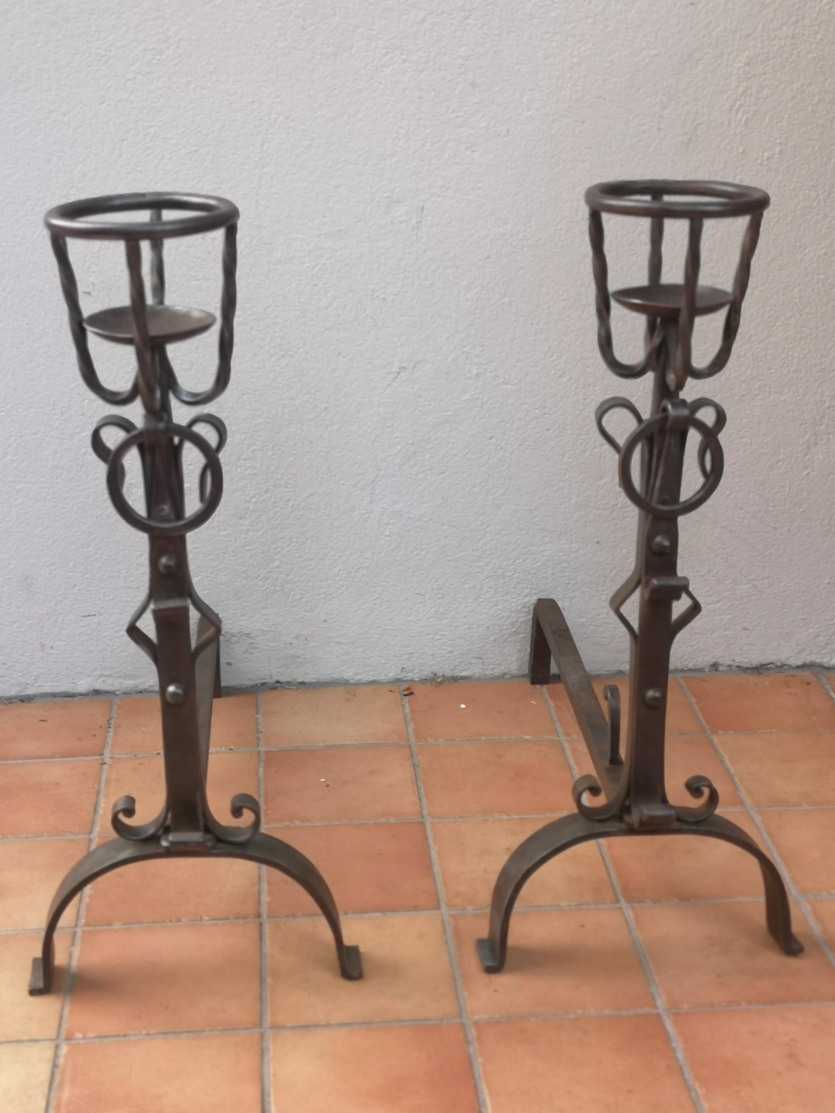 Art Deco pair of wrought iron andirons For Sale
