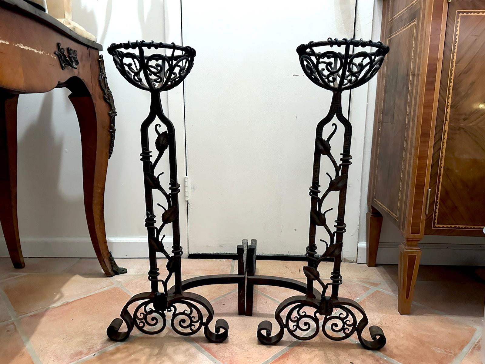 French Pair of Wrought Iron Andirons For Sale