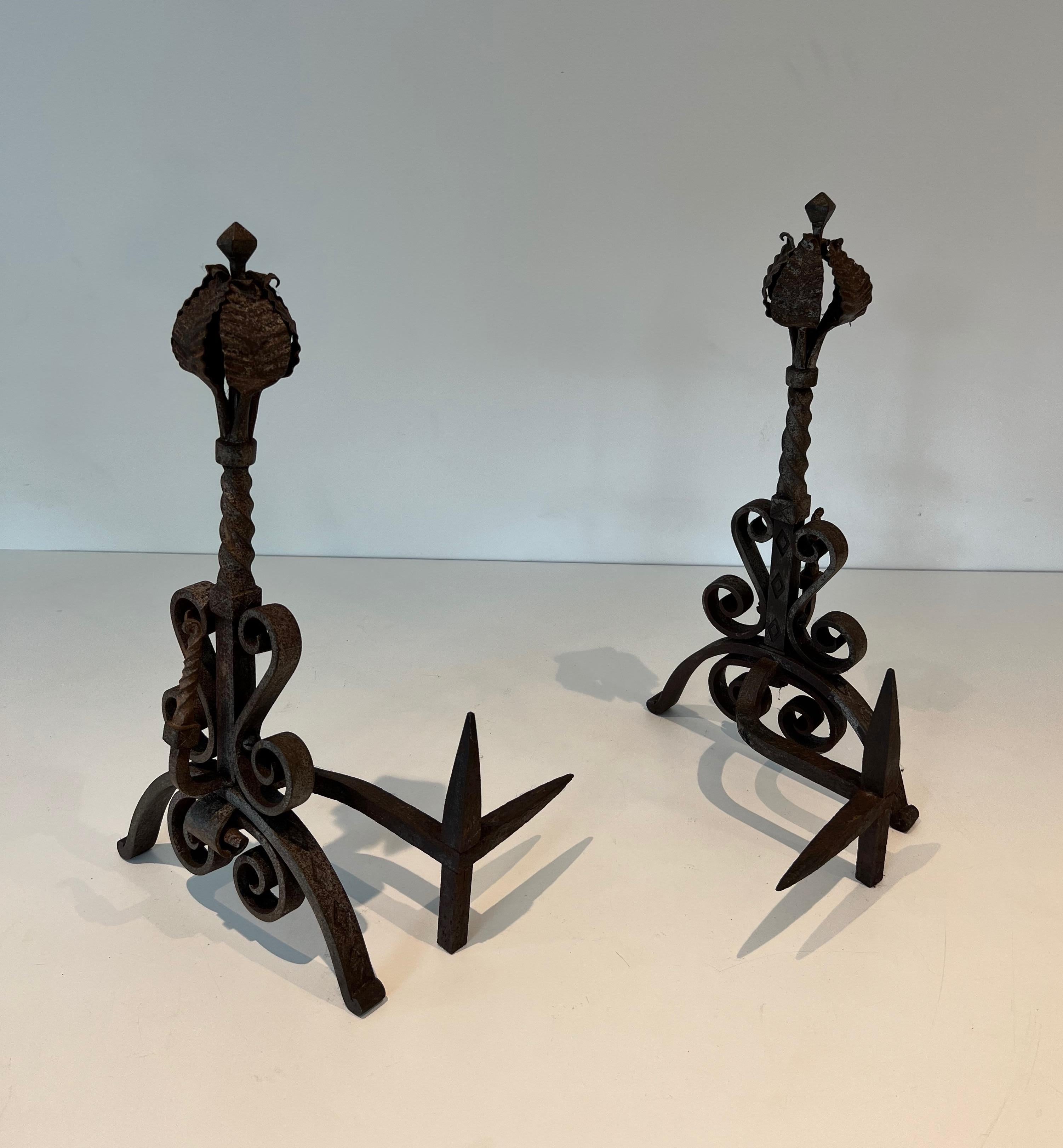 French Pair of Wrought Iron Andirons For Sale