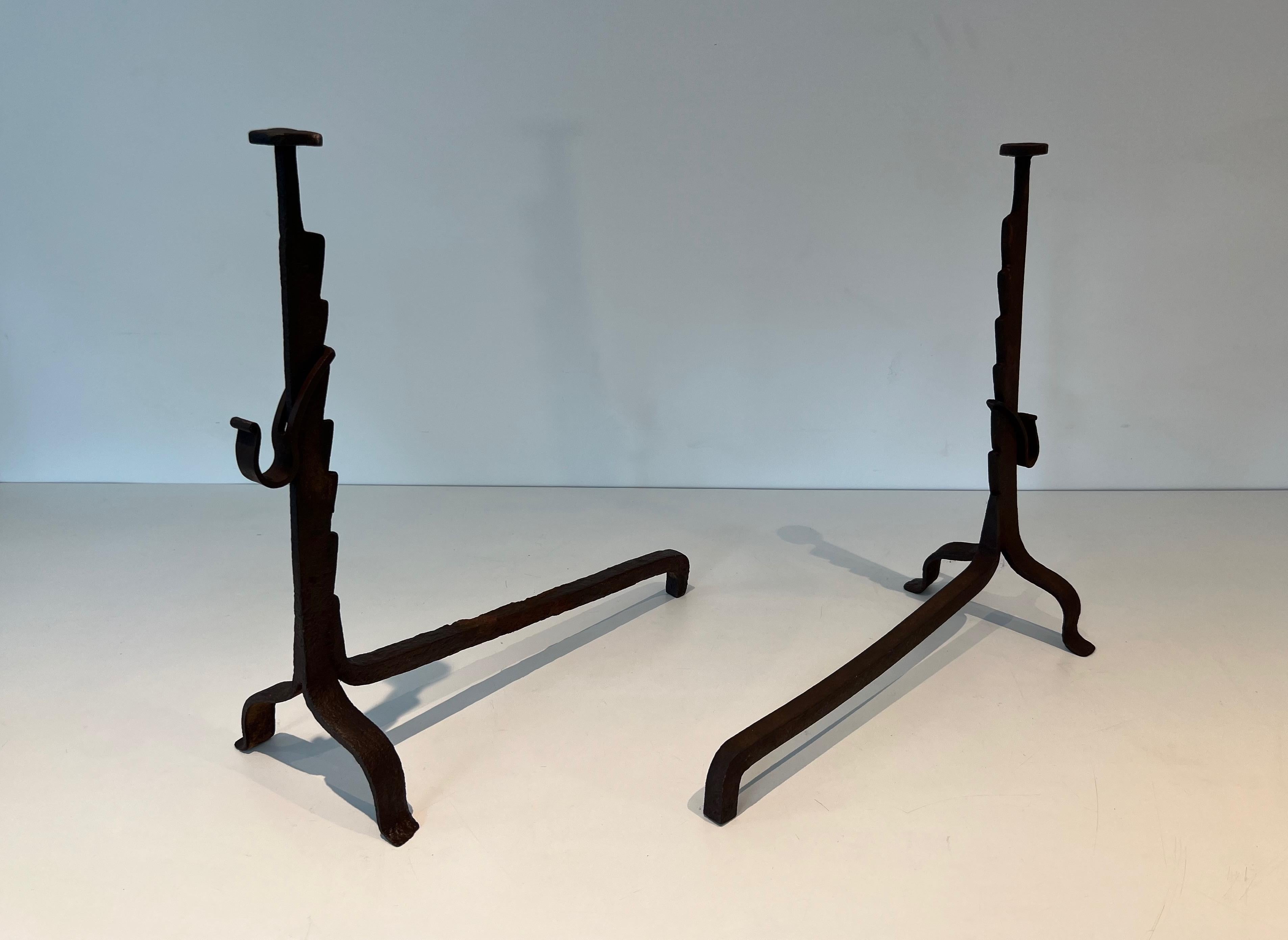 French Pair of Wrought Iron Andirons For Sale